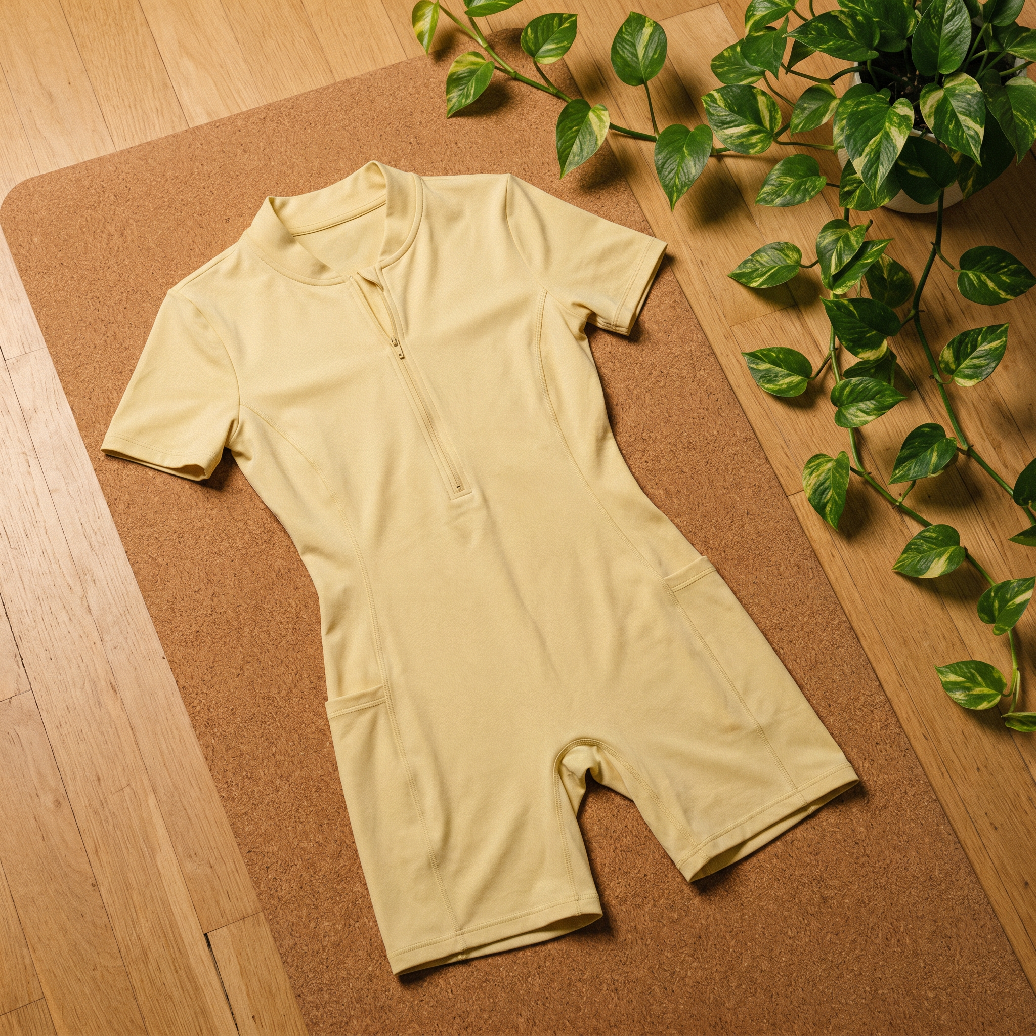 Orbital Archive Quarter Zip Romper - Biker Short Unitard, Short Sleeve Activewear Jumpsuit, Spandex Bodysuit with Pockets, Workout Bodycon