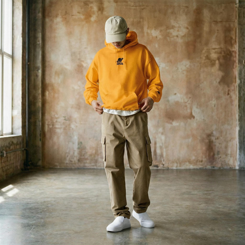 Retro Sci-Fi Astro Hound Hoodie | Golden Yellow Graphic Streetwear | Orbital Archive Heavyweight Hoodie