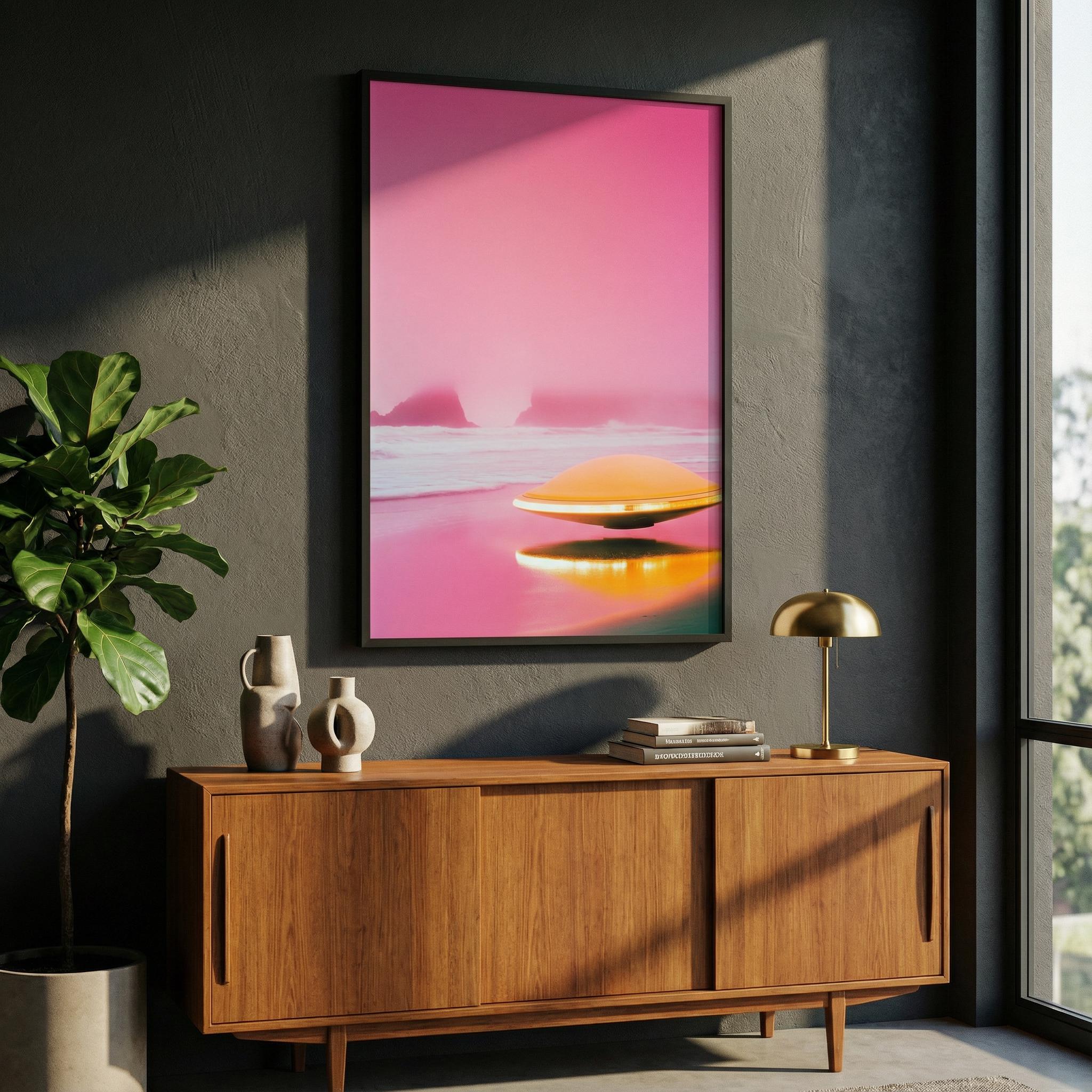 Pink Horizon UFO - Retro 60s Sci-Fi Framed Poster - Surreal Alien Beach Art