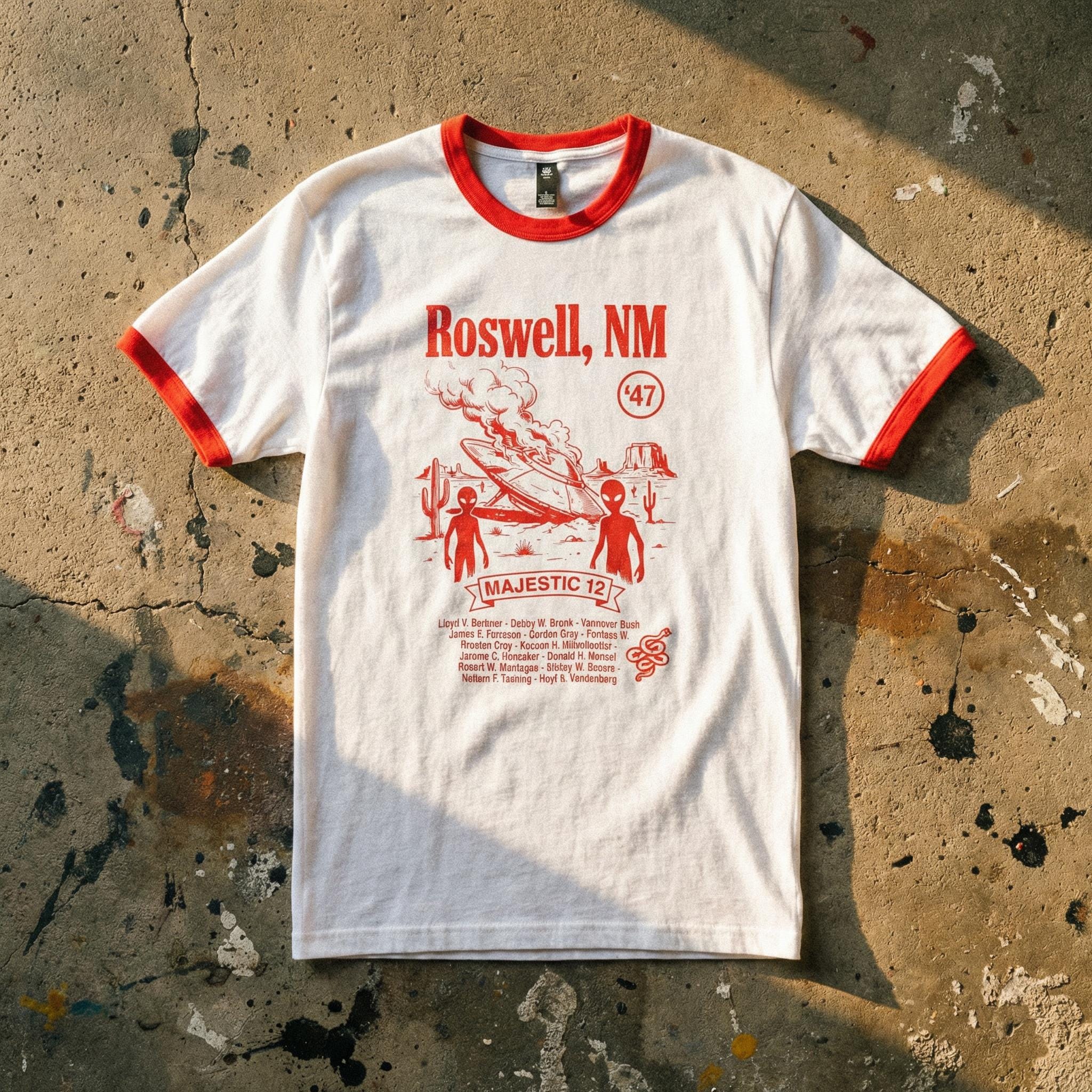 Roswell NM UFO crash ringer tee | Alien saucer graphic tee