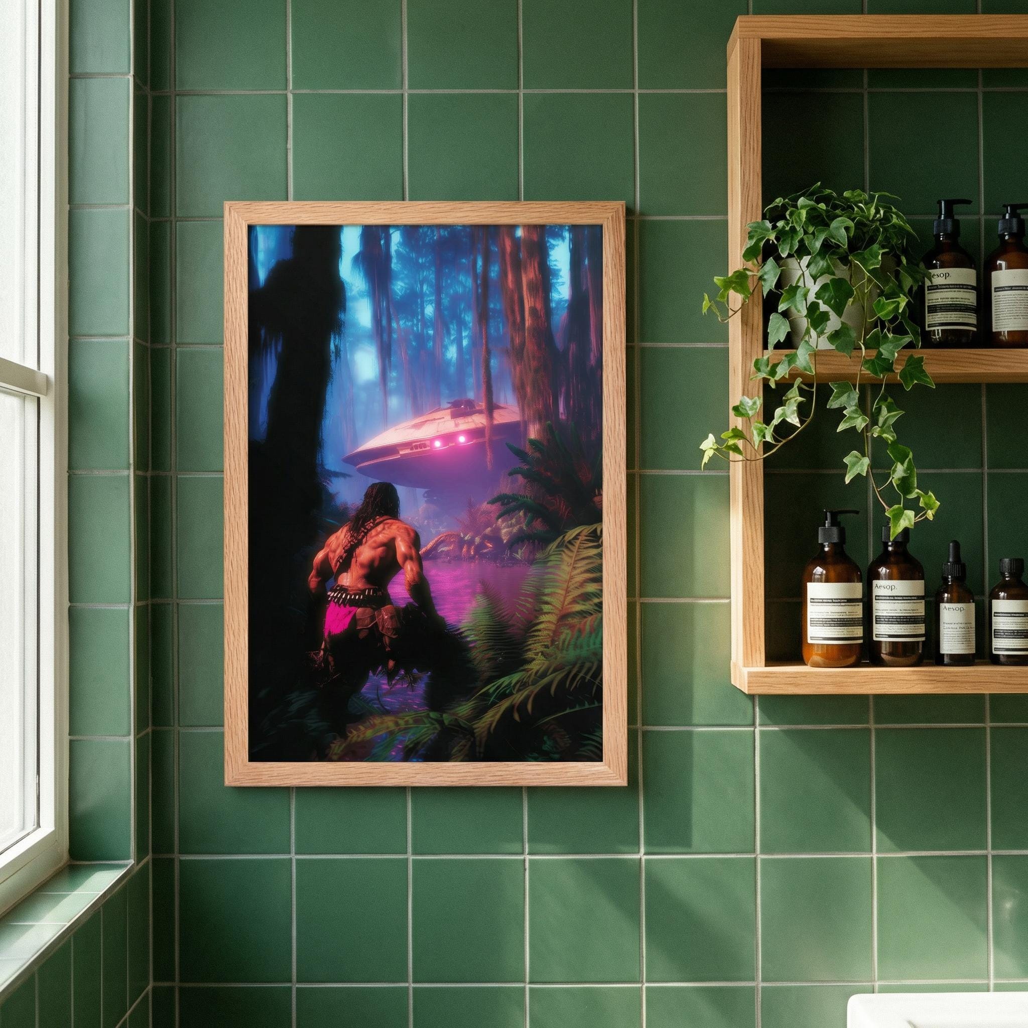 Savage Land UFO Discovery Framed Poster // Prehistoric Jungle Crash Site Art // Vintage Pulp Sci-Fi Space Explorer Wall Decor