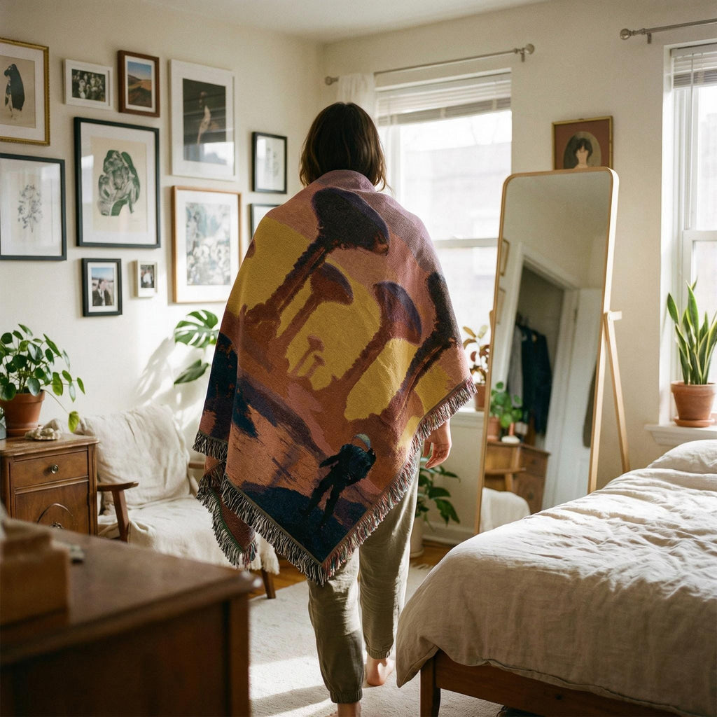 Expedition to the Neon Shores Woven Blanket — Retro-Futuristic Pulp Sci-Fi