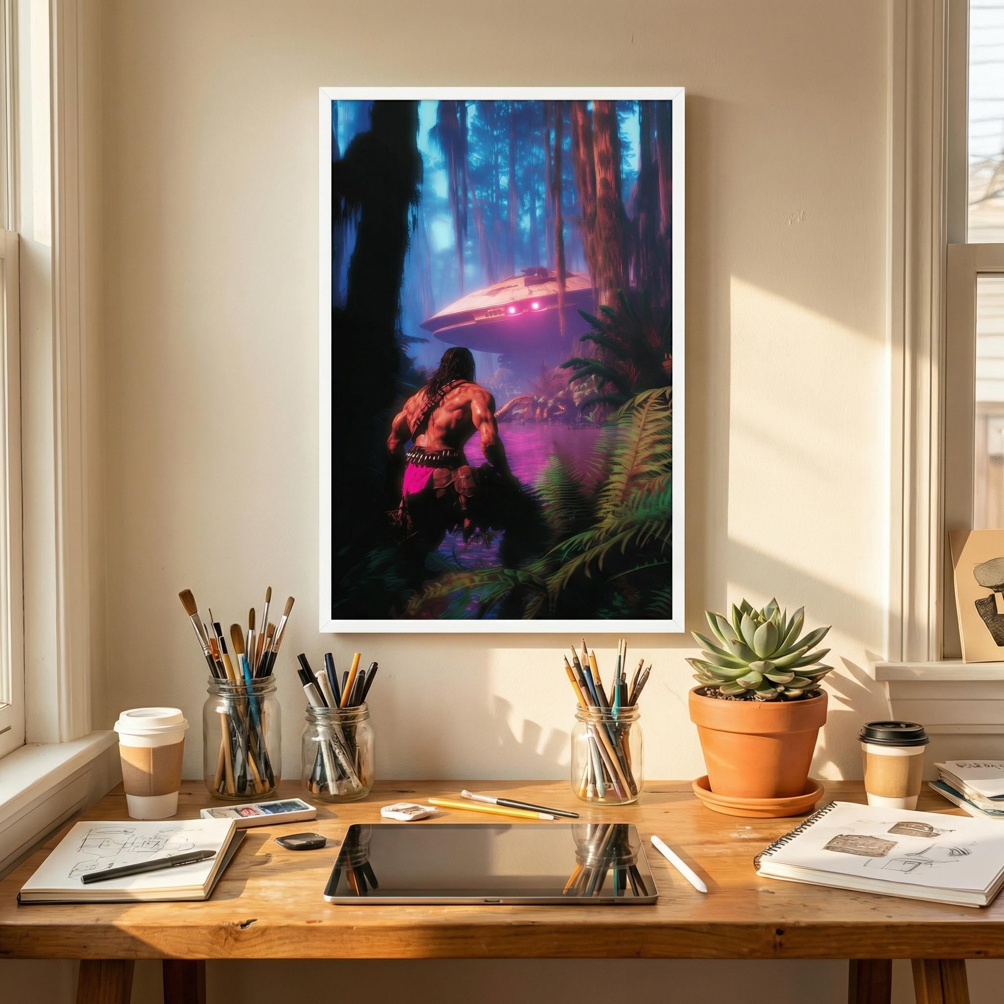 Savage Land UFO Discovery Framed Poster // Prehistoric Jungle Crash Site Art // Vintage Pulp Sci-Fi Space Explorer Wall Decor