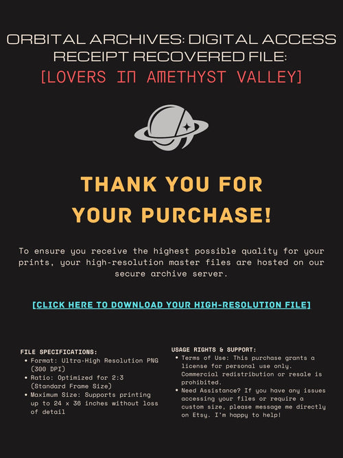 DIGITAL DOWNLOAD: Let Our Love Crystallize in Amethyst Valley – The Orbital Lovers Retro-Futurist Framed Print | Valentine’s Gift