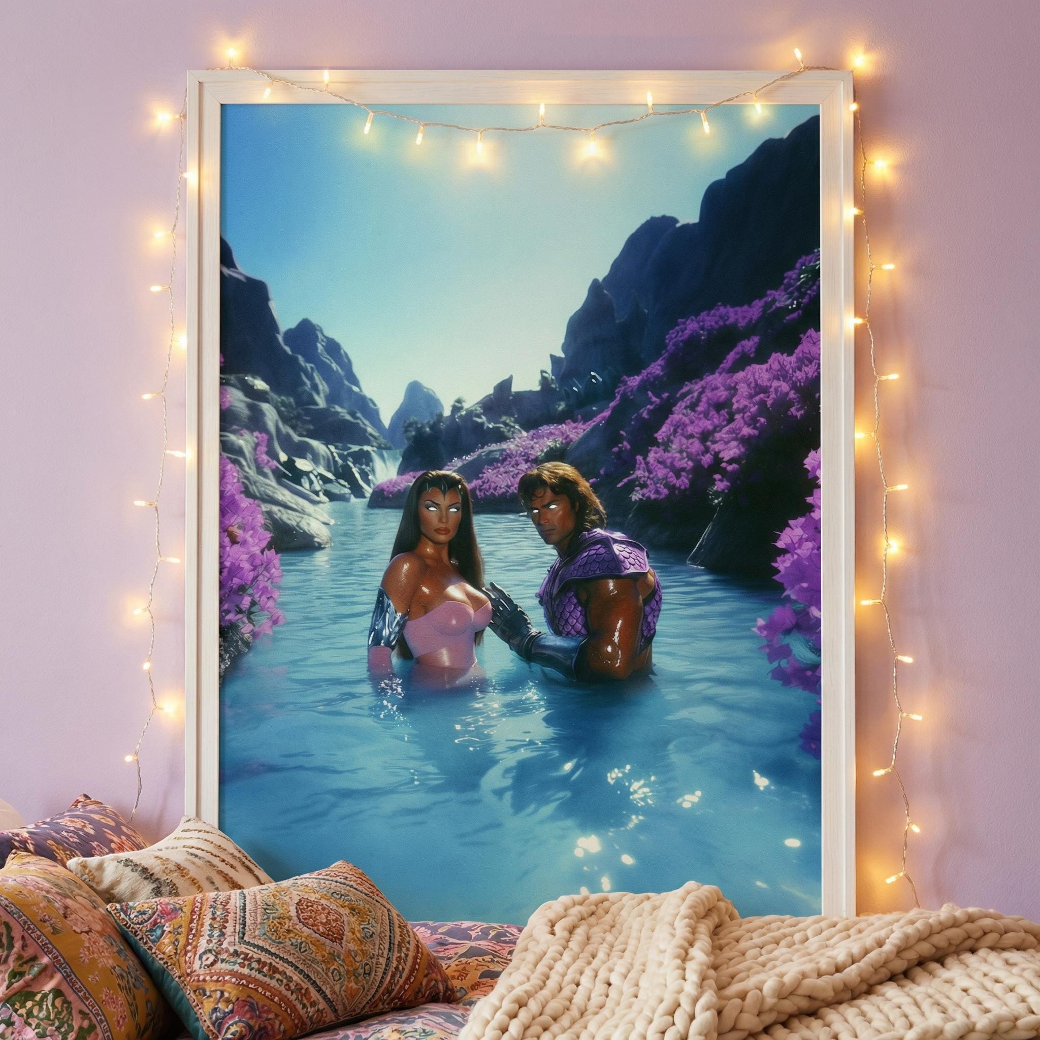 Retro-Futurist Hot Spring Couple Framed Print – Savage Land Alien Oasis