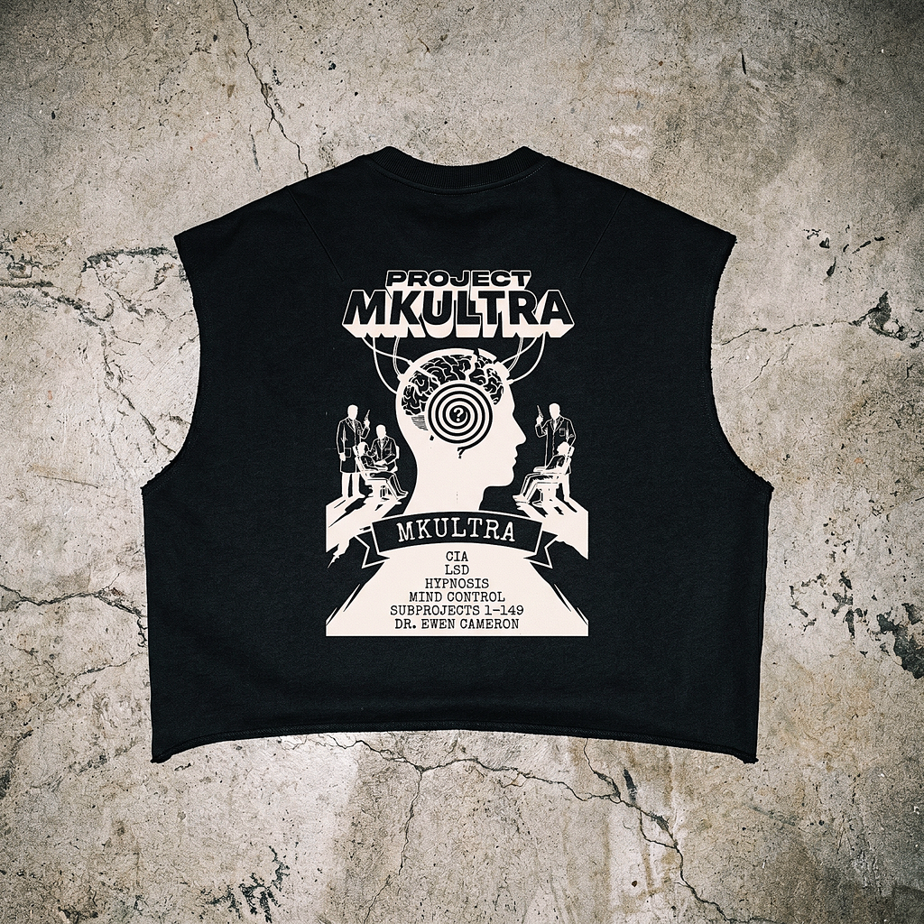 MKUltra CIA Conspiracy Tank Top | Raw Edge French Terry Boxy Muscle Tee, Sci-fi Streetwear
