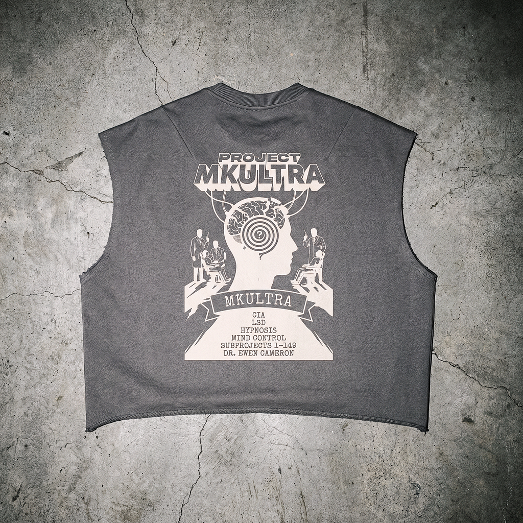 MKUltra CIA Conspiracy Tank Top | Raw Edge French Terry Boxy Muscle Tee, Sci-fi Streetwear