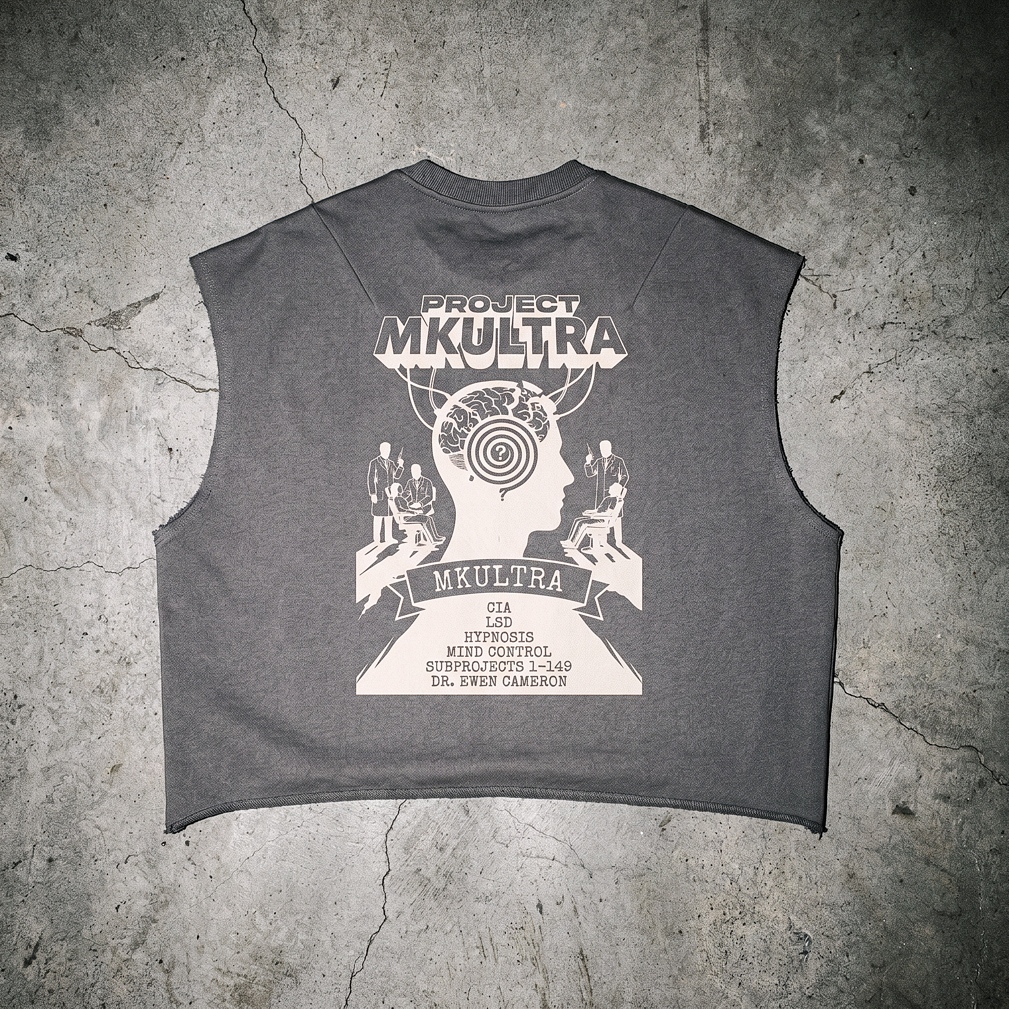 MKUltra CIA Conspiracy Tank Top | Raw Edge French Terry Boxy Muscle Tee, Sci-fi Streetwear