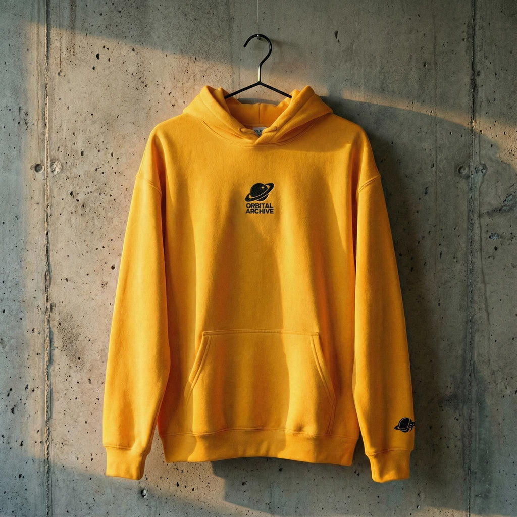 Retro Sci-Fi Astro Hound Hoodie | Golden Yellow Graphic Streetwear | Orbital Archive Heavyweight Hoodie