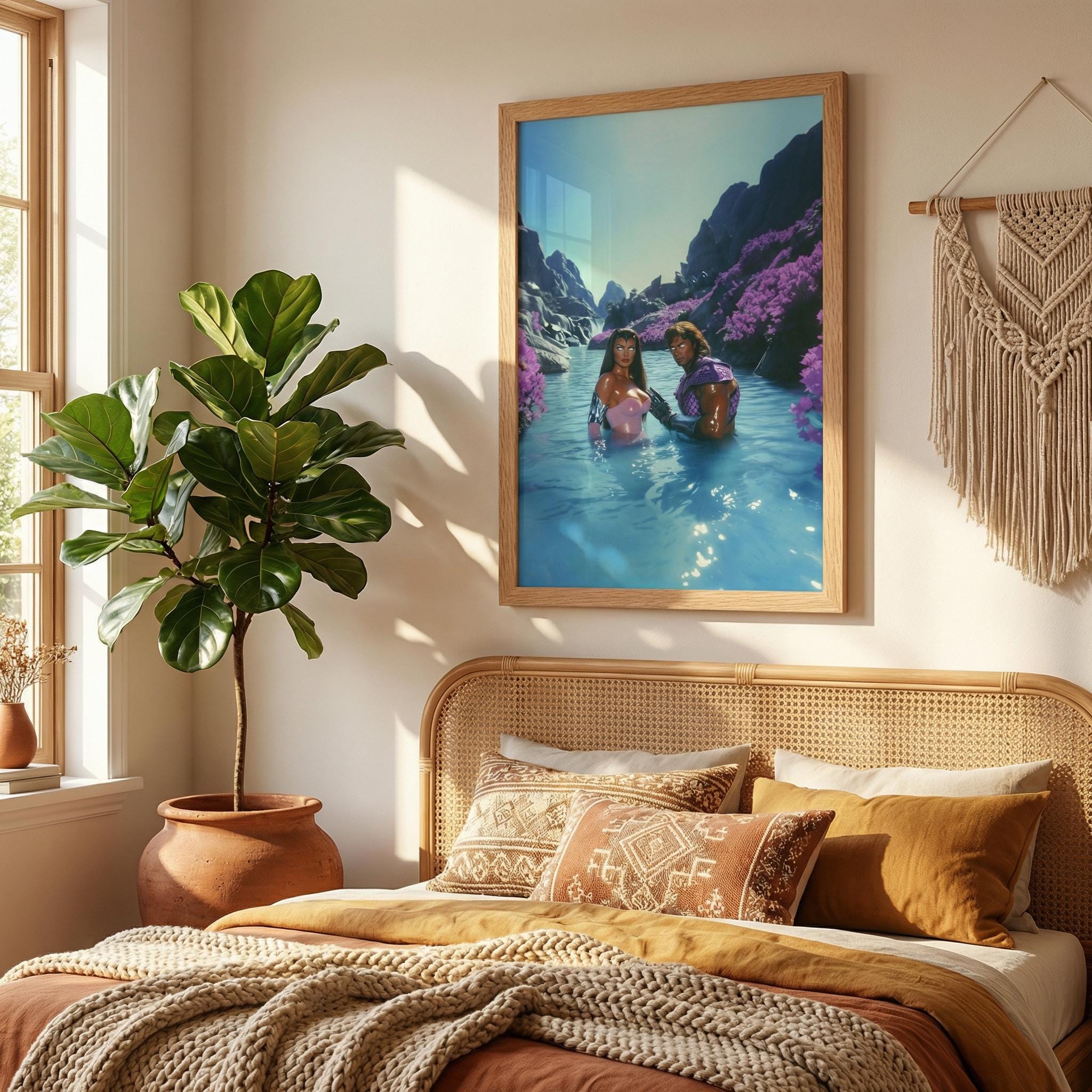 Retro-Futurist Hot Spring Couple Framed Print – Savage Land Alien Oasis