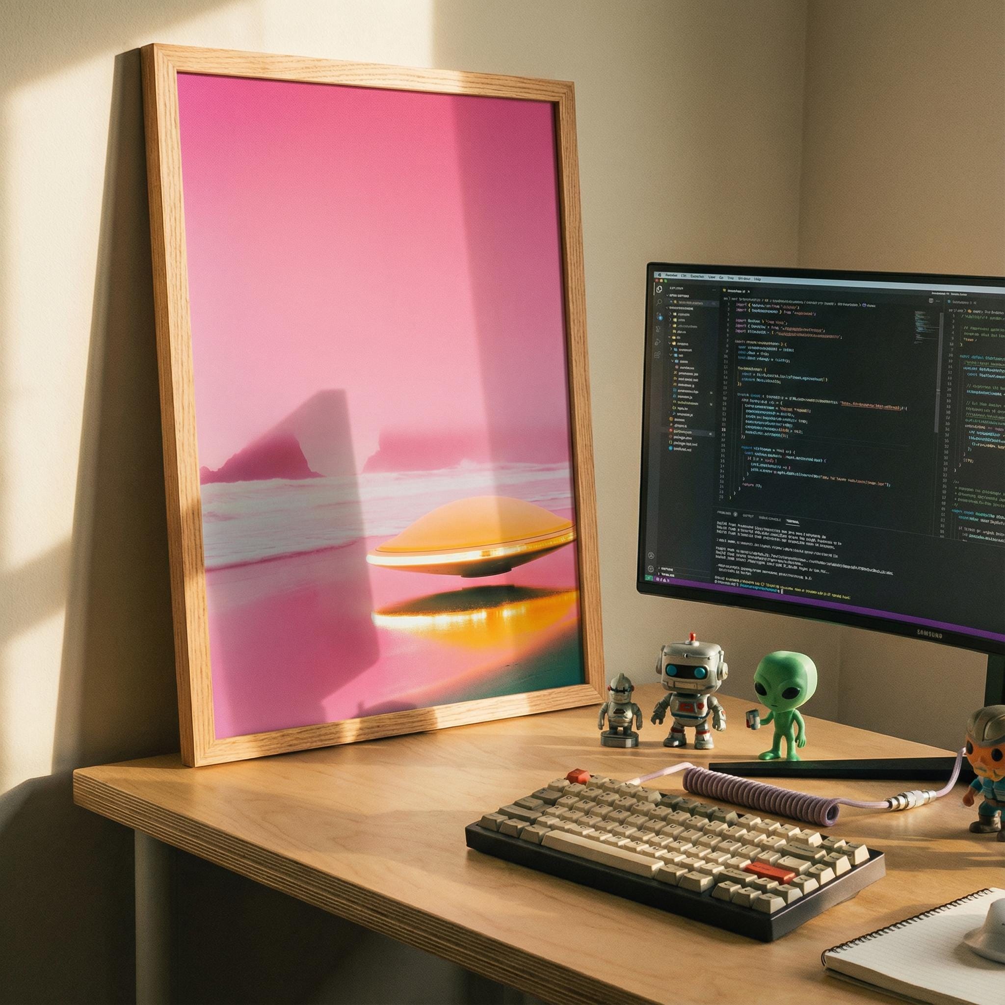 Pink Horizon UFO - Retro 60s Sci-Fi Framed Poster - Surreal Alien Beach Art