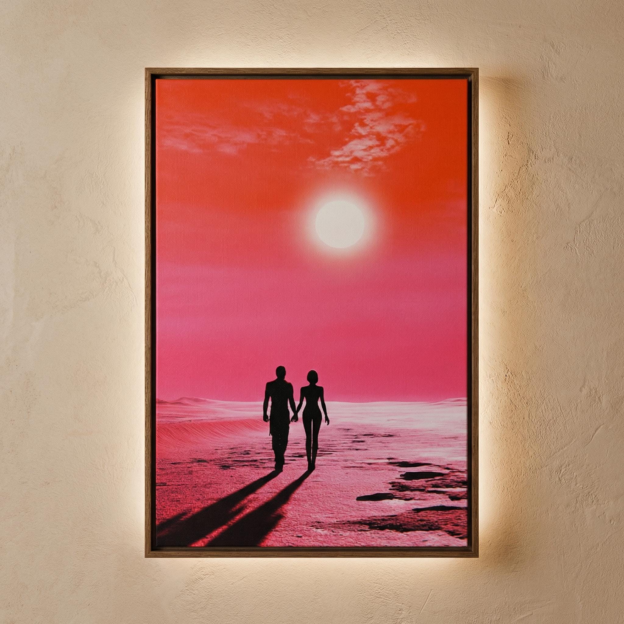 Sunset Stroll on the Crimson Sands Framed Canvas // Surreal Sci-Fi Romantic Art // Retro-Futuristic Wall Decor
