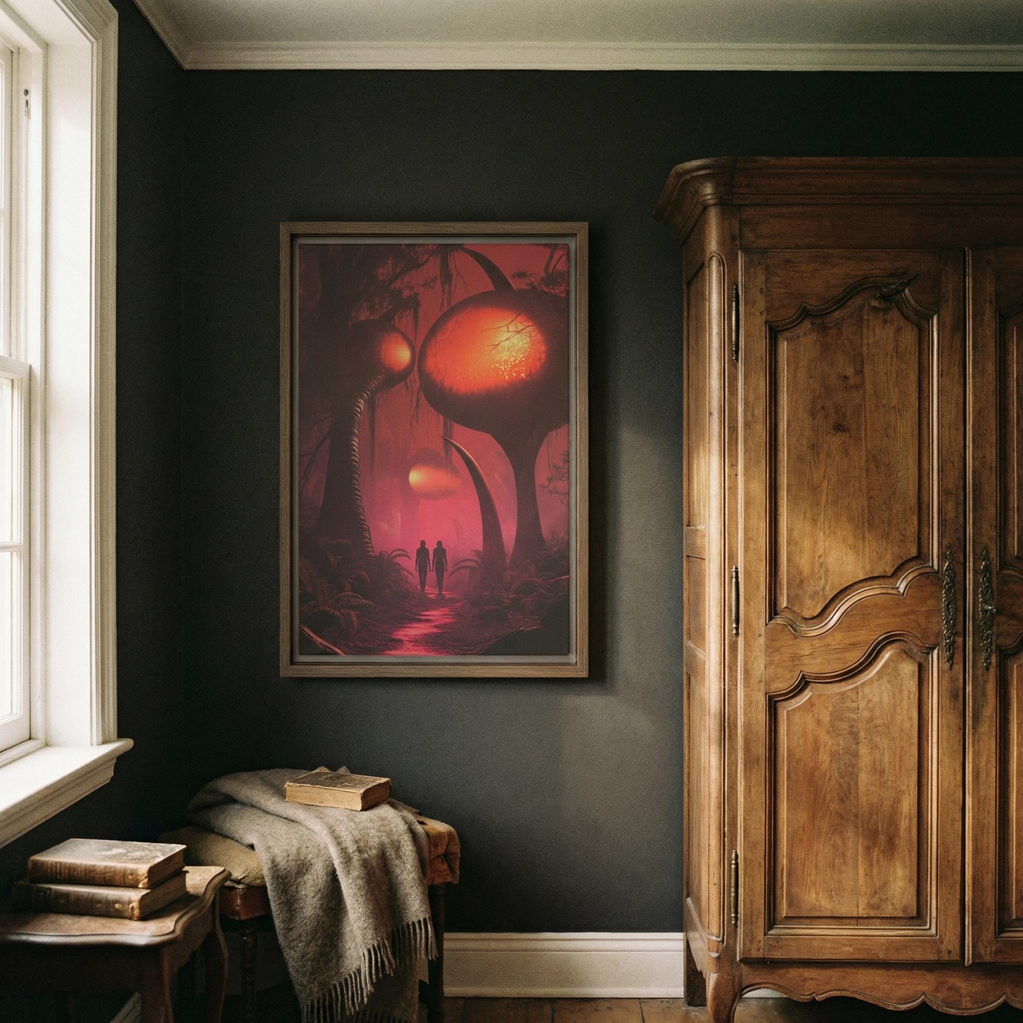 DIGITAL DOWNLOAD: Path Through the Alien Wood // Surreal Sci-Fi Nature Art // Ethereal Crimson Forest Wall Decor // Orbital Archive Series