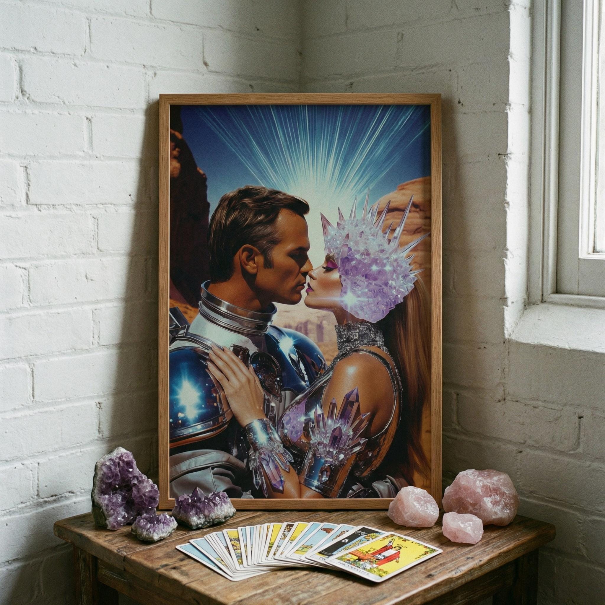 DIGITAL DOWNLOAD: Let Our Love Crystallize in Amethyst Valley – The Orbital Lovers Retro-Futurist Framed Print | Valentine’s Gift