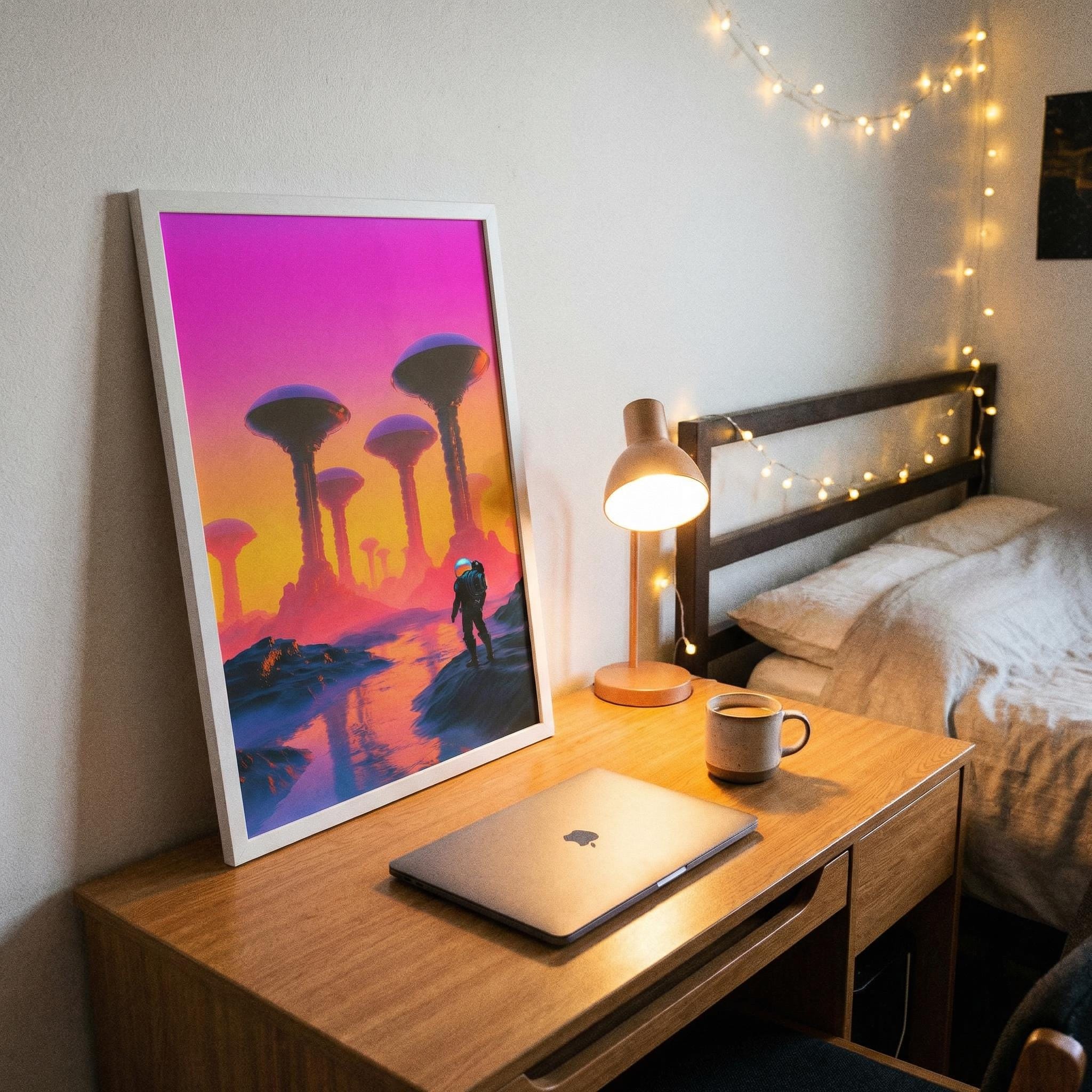 Expedition to the Neon Shores — Retro-Futuristic Pulp Sci-Fi Framed Poster