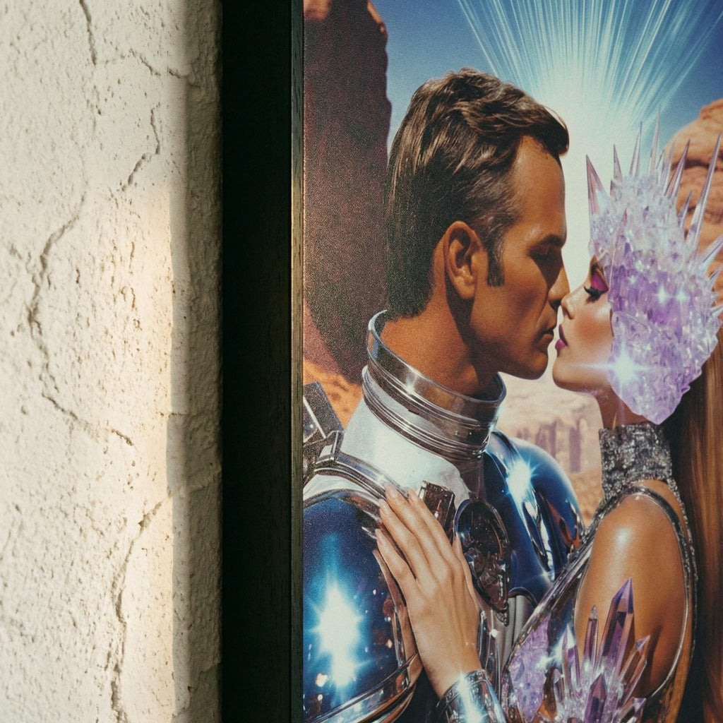 DIGITAL DOWNLOAD: Let Our Love Crystallize in Amethyst Valley – The Orbital Lovers Retro-Futurist Framed Print | Valentine’s Gift