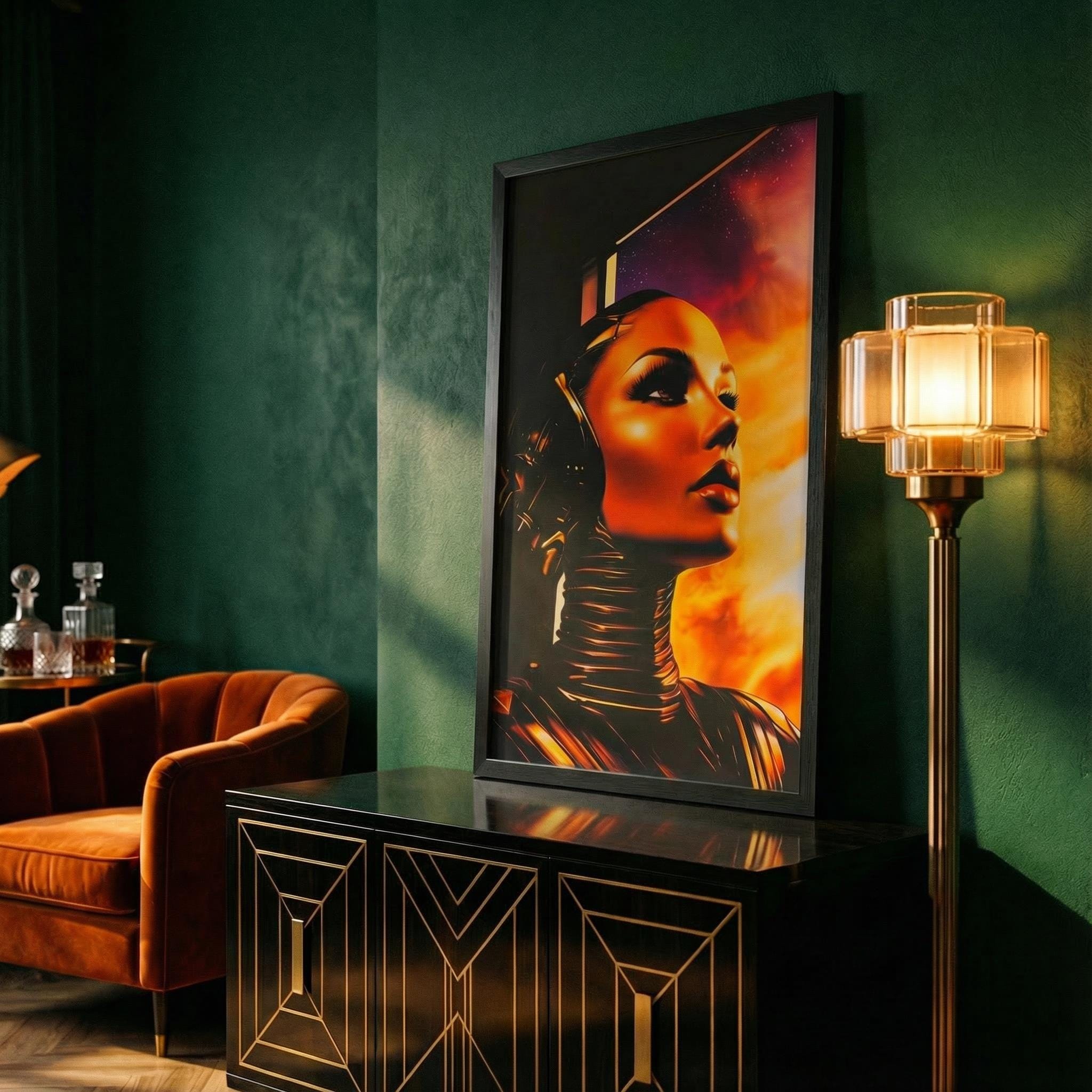 Glamour in Peril Girl – No. 04 Retro-Futurist Framed Art Print, Vintage 1960s Sci-Fi Android Poster, Mid-Century Space Age Decor