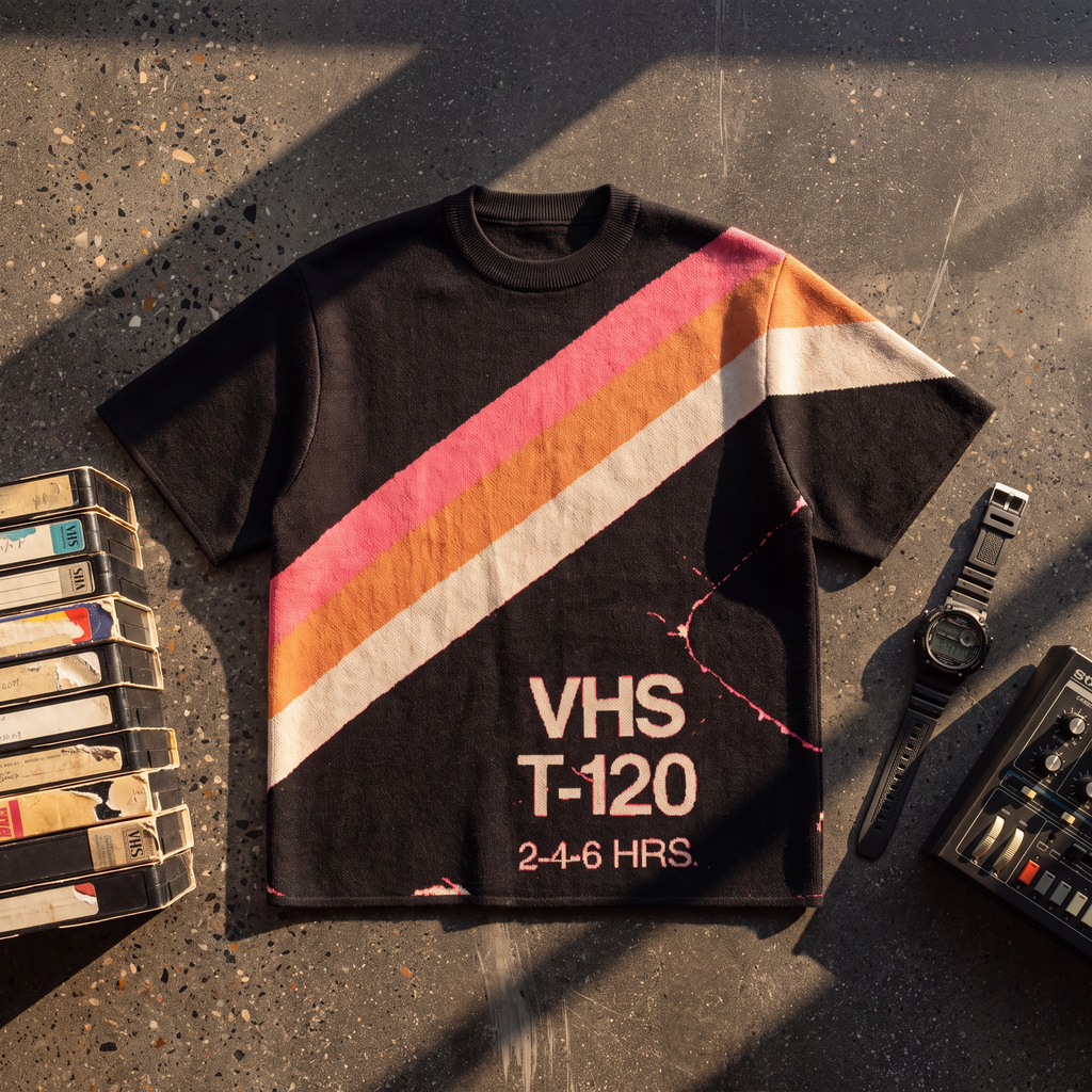 Retro VHS T-Shirt | 80s Synthwave Knit Streetwear | Vintage Tape Cassette Futurism Oversized Unisex Jacquard Tee