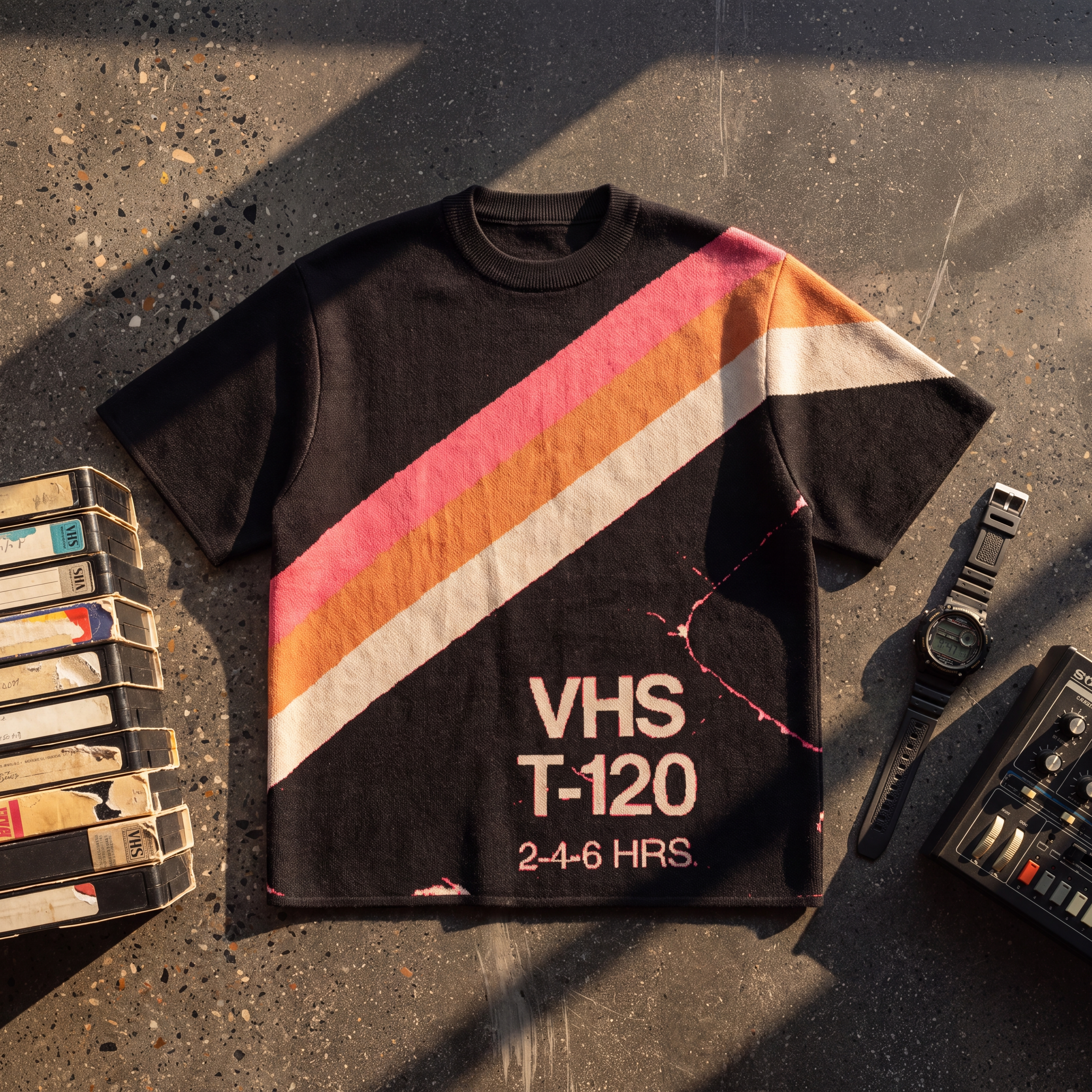 Retro VHS T-Shirt | 80s Synthwave Knit Streetwear | Vintage Tape Cassette Futurism Oversized Unisex Jacquard Tee