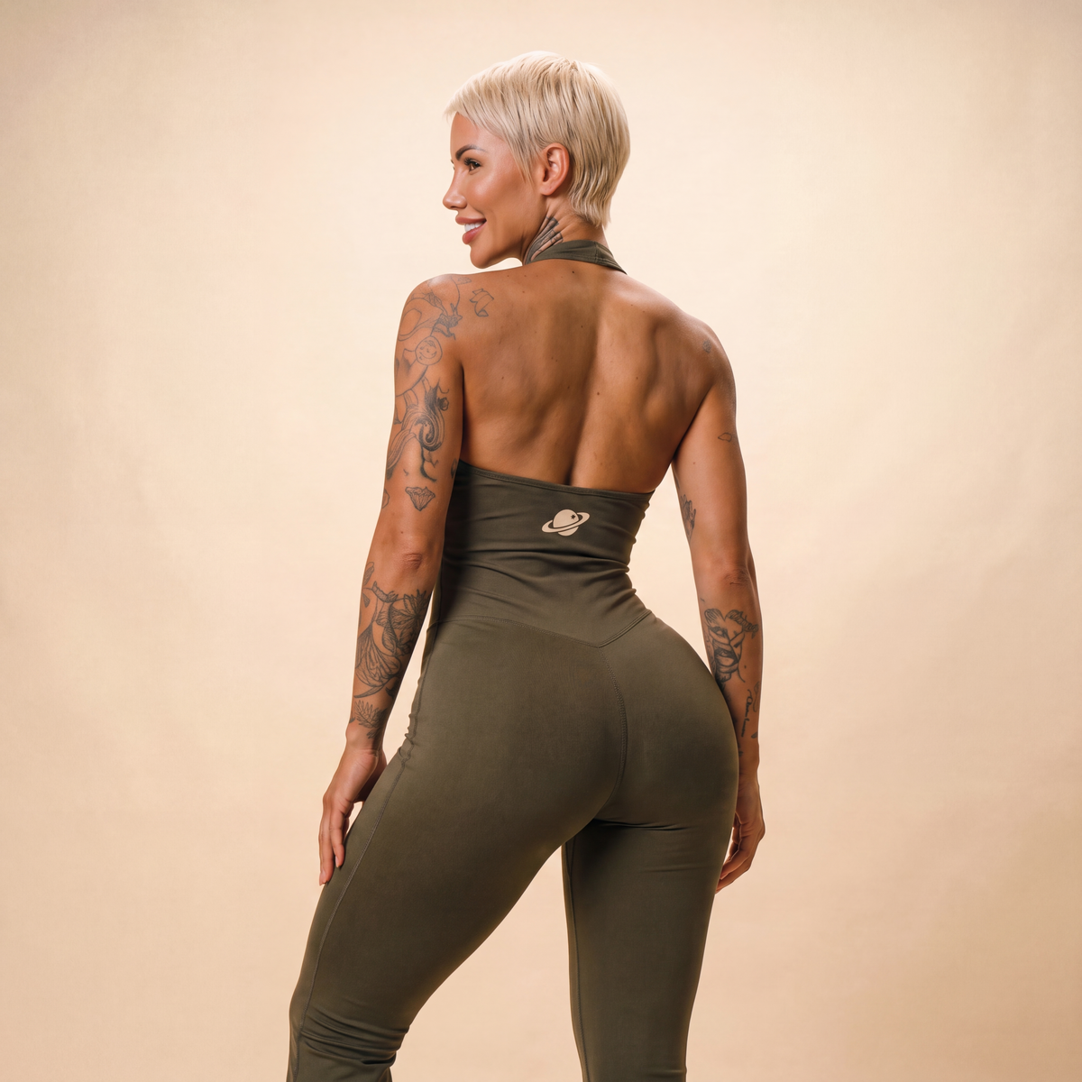 Orbital Archive Halter Flared Jumpsuit - Wide Leg Yoga Jumpsuit, Backless Athleisure One Piece, Flare Leg Bodysuit, Women's Workout Romper
