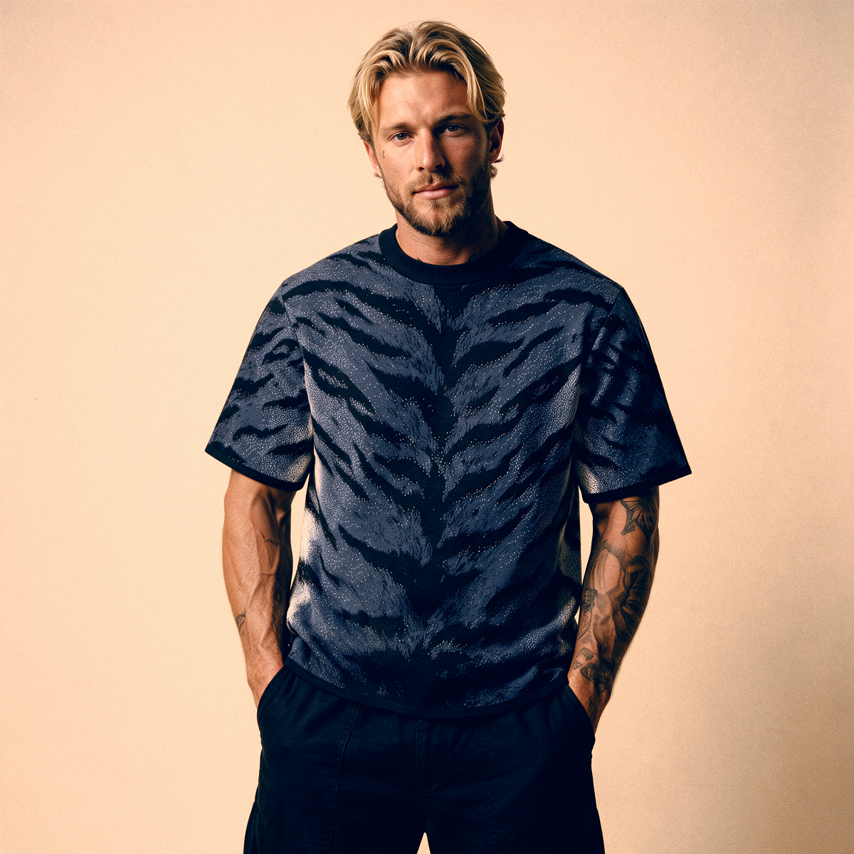 Stormy Blue Tiger Stripe Knitted Tee — Heavyweight Jacquard Knit T-Shirt — Orbital Archive Streetwear Unisex All-Over Pattern Pullover