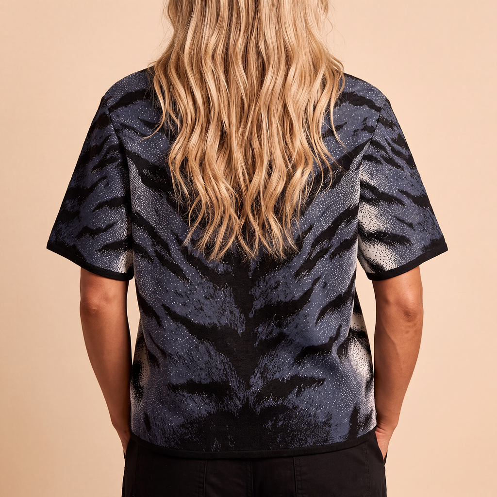Stormy Blue Tiger Stripe Knitted Tee — Heavyweight Jacquard Knit T-Shirt — Orbital Archive Streetwear Unisex All-Over Pattern Pullover