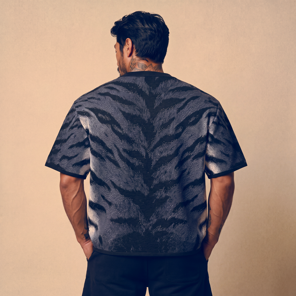Stormy Blue Tiger Stripe Knitted Tee — Heavyweight Jacquard Knit T-Shirt — Orbital Archive Streetwear Unisex All-Over Pattern Pullover