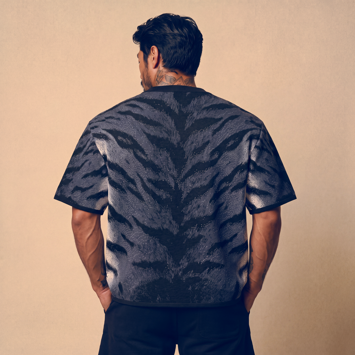 Stormy Blue Tiger Stripe Knitted Tee — Heavyweight Jacquard Knit T-Shirt — Orbital Archive Streetwear Unisex All-Over Pattern Pullover