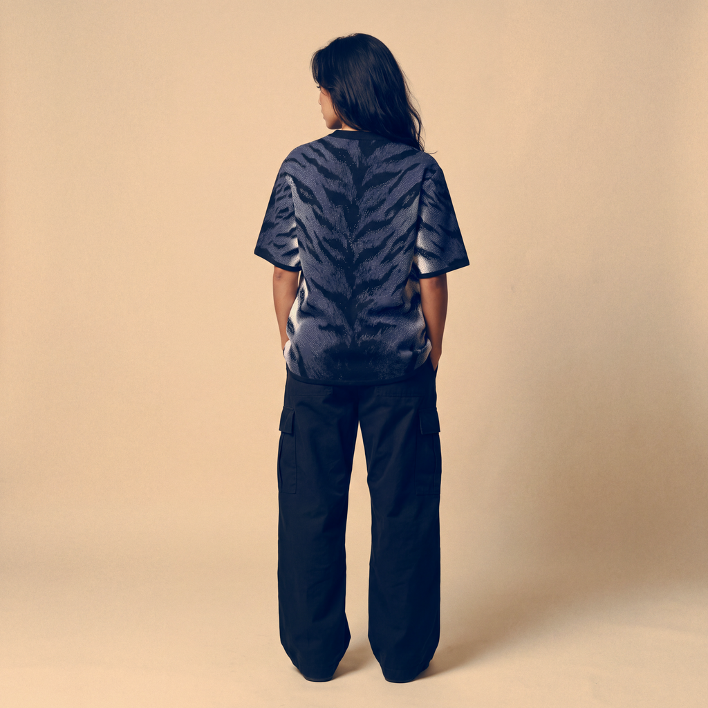 Stormy Blue Tiger Stripe Knitted Tee — Heavyweight Jacquard Knit T-Shirt — Orbital Archive Streetwear Unisex All-Over Pattern Pullover