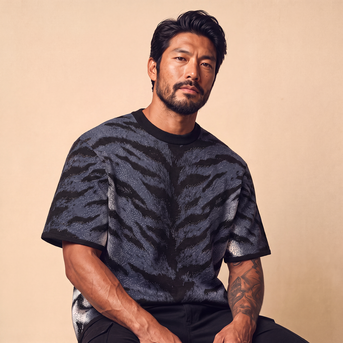 Stormy Blue Tiger Stripe Knitted Tee — Heavyweight Jacquard Knit T-Shirt — Orbital Archive Streetwear Unisex All-Over Pattern Pullover