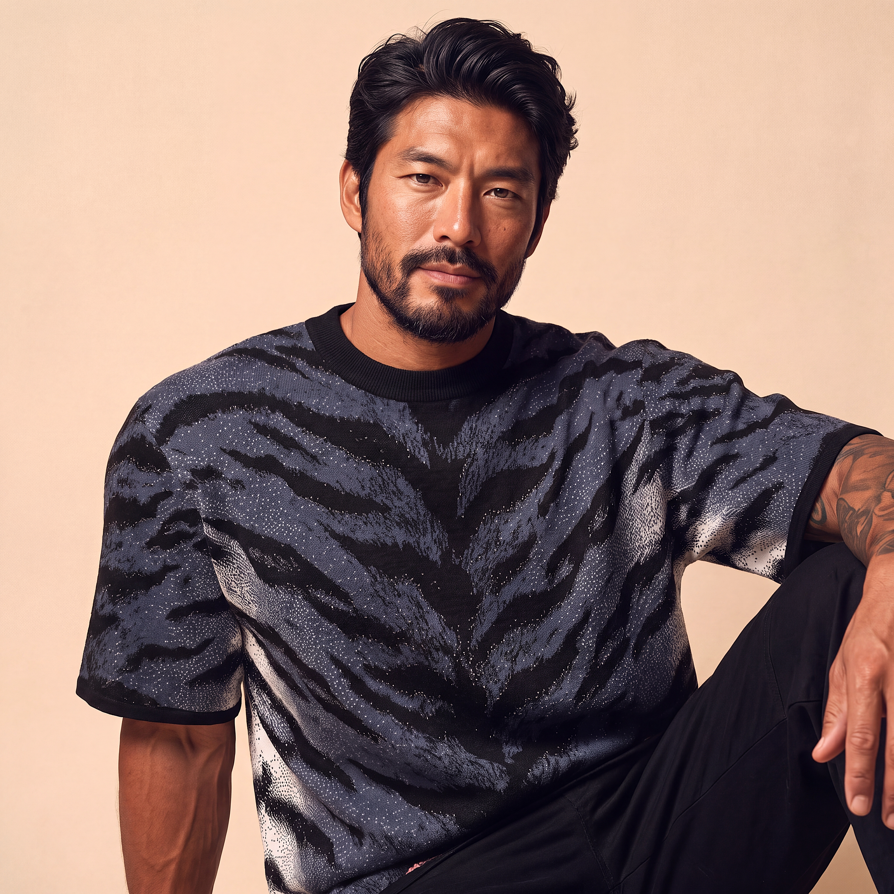 Stormy Blue Tiger Stripe Knitted Tee — Heavyweight Jacquard Knit T-Shirt — Orbital Archive Streetwear Unisex All-Over Pattern Pullover