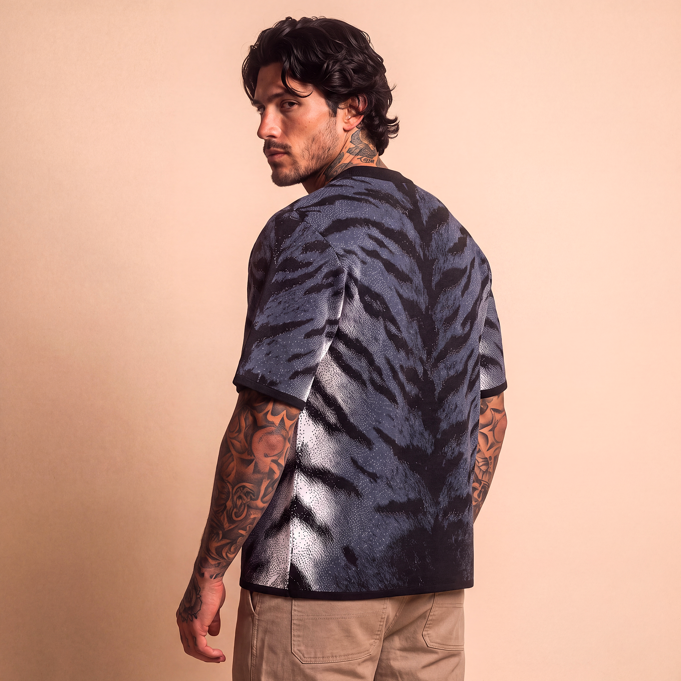 Stormy Blue Tiger Stripe Knitted Tee — Heavyweight Jacquard Knit T-Shirt — Orbital Archive Streetwear Unisex All-Over Pattern Pullover