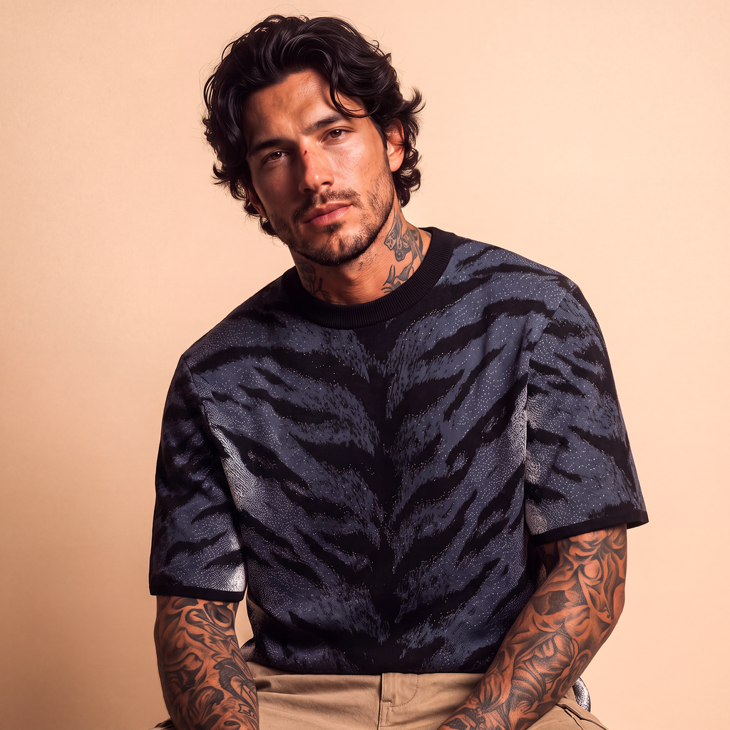 Stormy Blue Tiger Stripe Knitted Tee — Heavyweight Jacquard Knit T-Shirt — Orbital Archive Streetwear Unisex All-Over Pattern Pullover