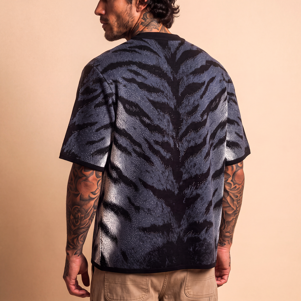 Stormy Blue Tiger Stripe Knitted Tee — Heavyweight Jacquard Knit T-Shirt — Orbital Archive Streetwear Unisex All-Over Pattern Pullover