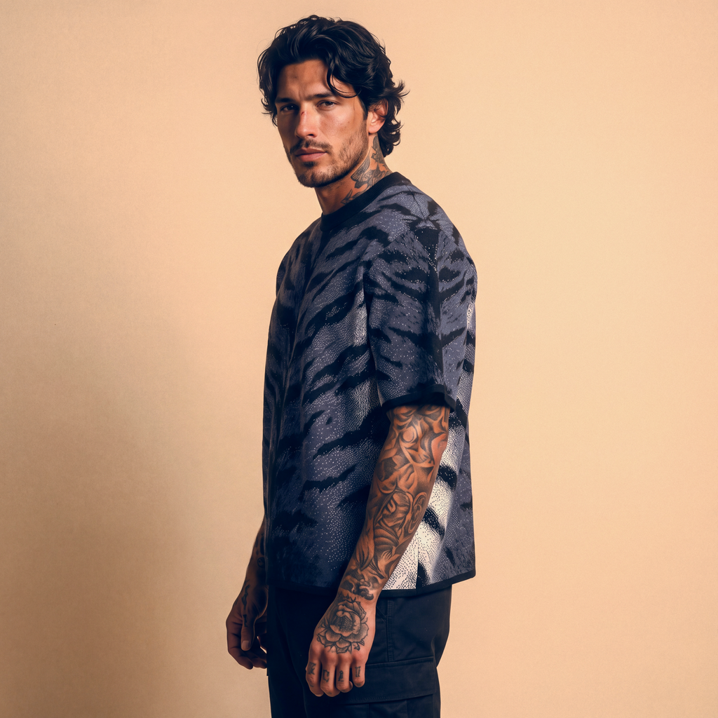 Stormy Blue Tiger Stripe Knitted Tee — Heavyweight Jacquard Knit T-Shirt — Orbital Archive Streetwear Unisex All-Over Pattern Pullover