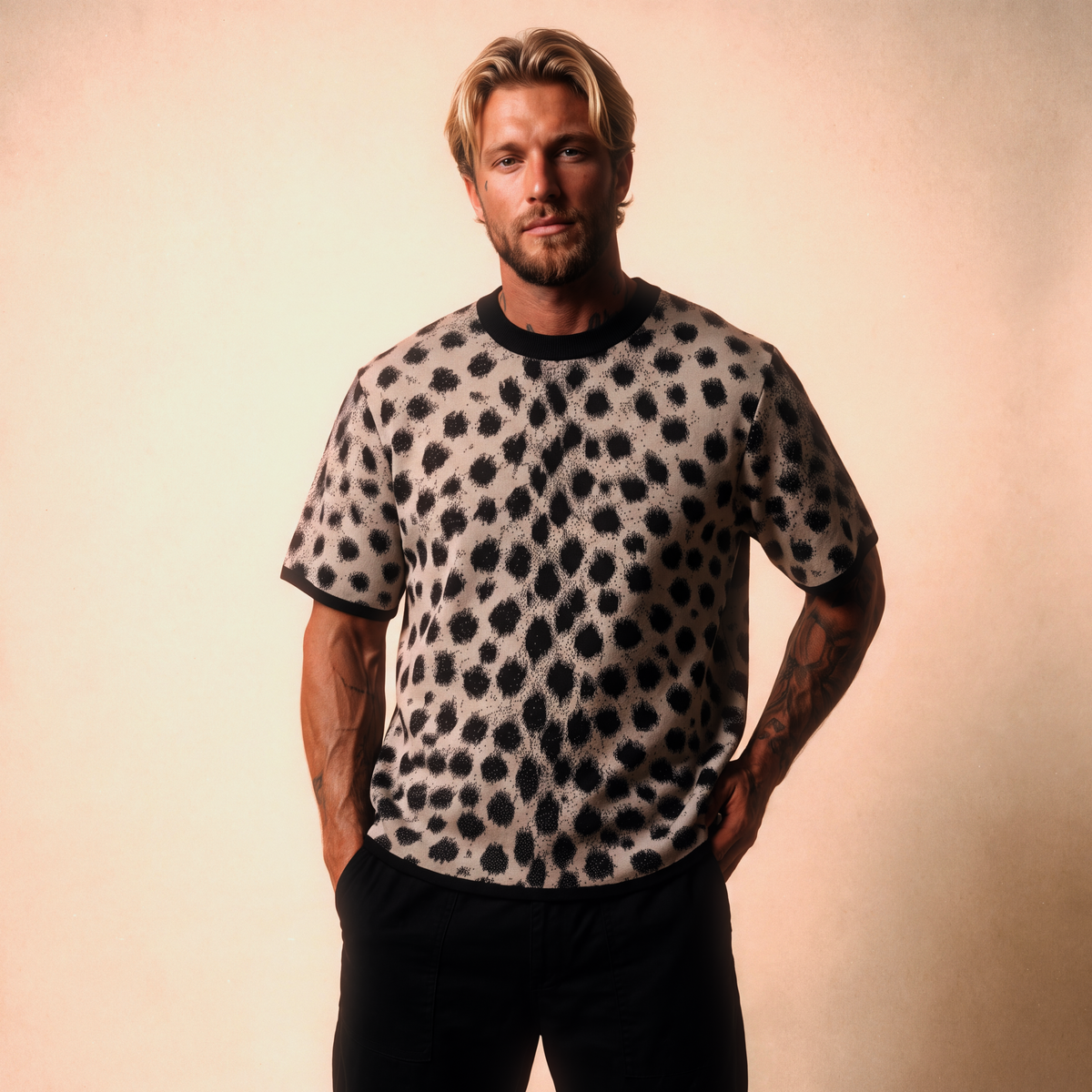 Cheetah Print Knitted T-Shirt — Heavyweight Unisex Jacquard Soft Cotton Blend Knitted Tee — All-Over Animal Print Streetwear