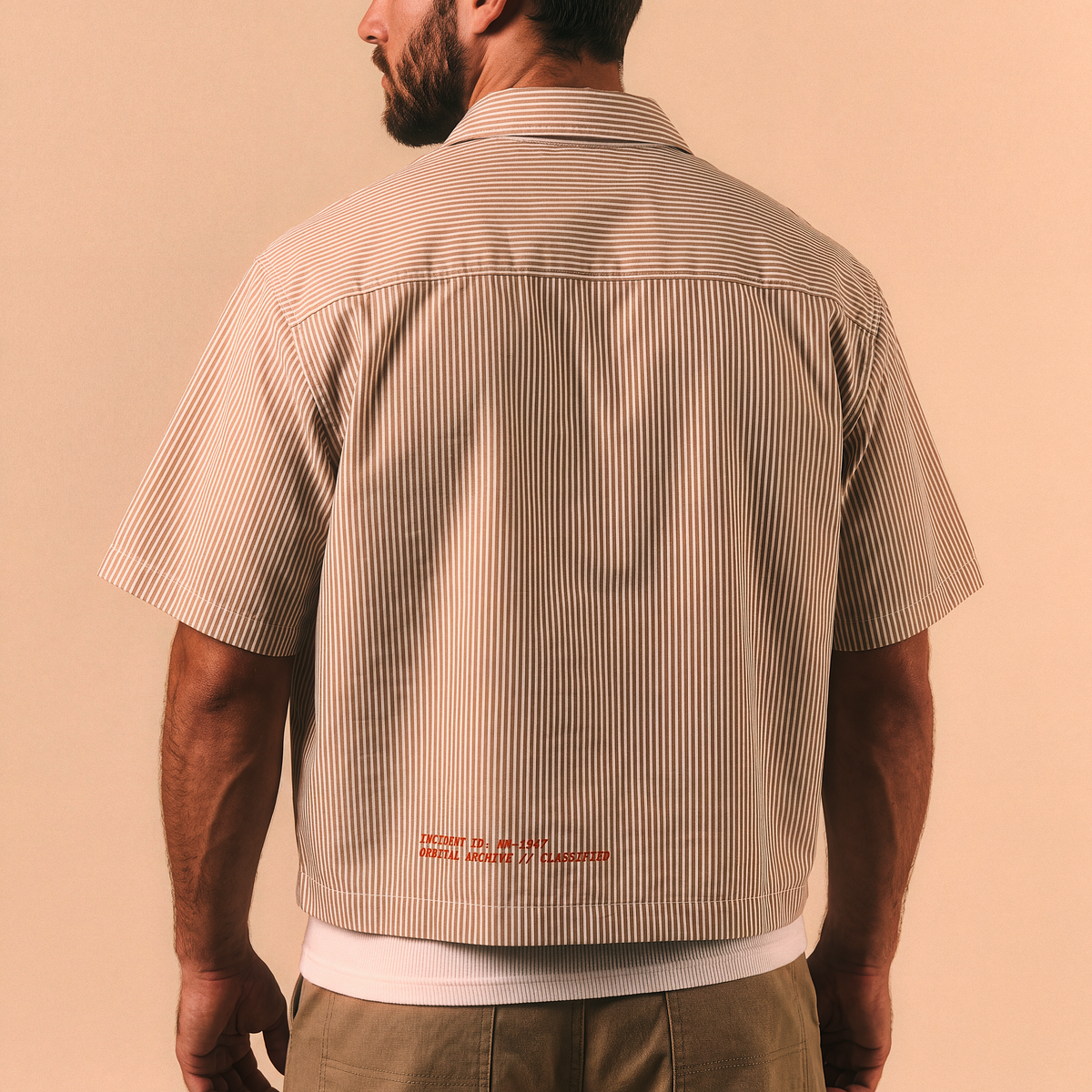 Roswell NM UFO Crash Log Oversized Striped Shirt — Orbital Archive Sci-Fi Streetwear — Boxy Cropped Button Up Short Sleeve Summer Top