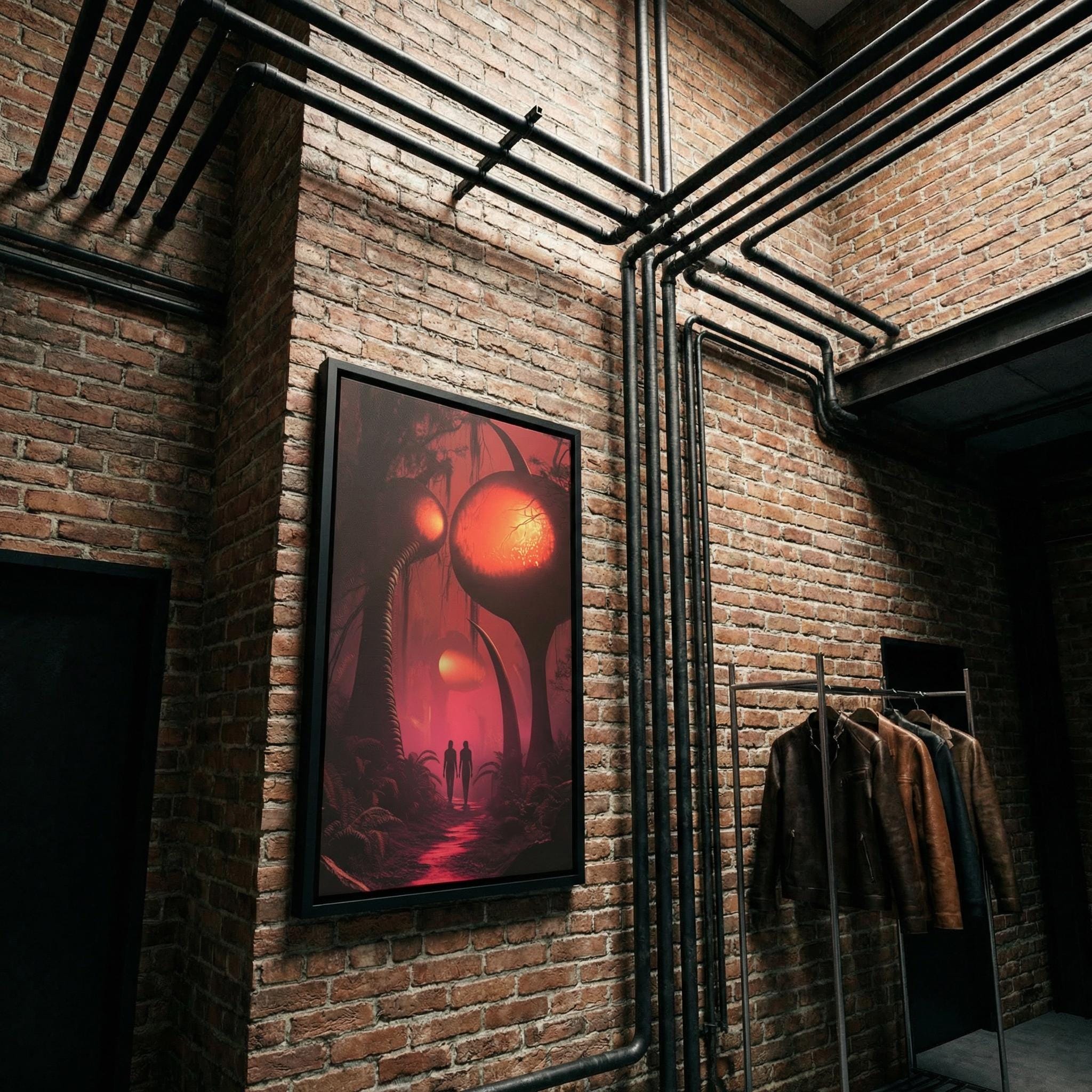 Path Through the Alien Wood Framed Canvas // Surreal Sci-Fi Nature Art // Ethereal Crimson Forest Wall Decor // Orbital Archive Series