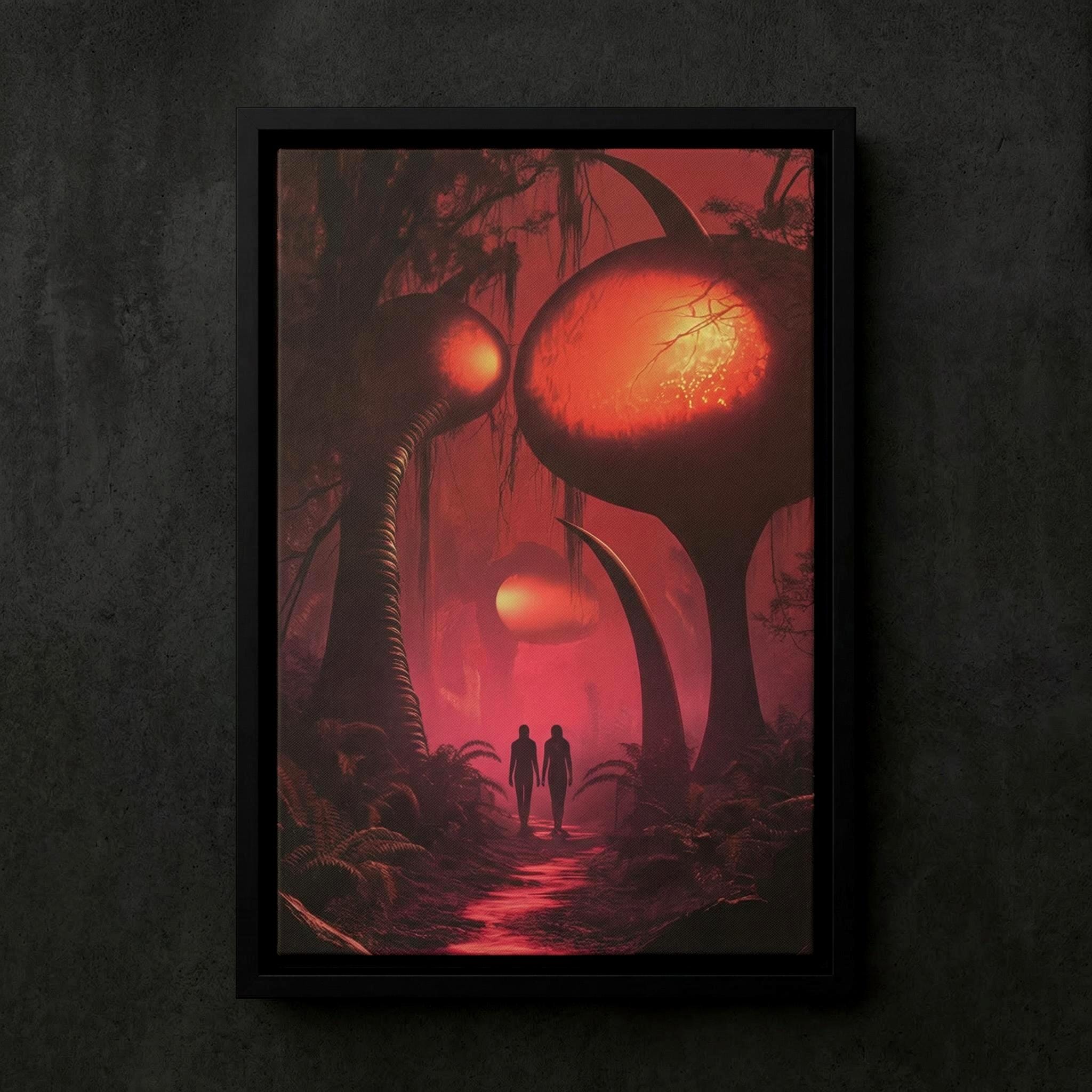 Path Through the Alien Wood Framed Canvas // Surreal Sci-Fi Nature Art // Ethereal Crimson Forest Wall Decor // Orbital Archive Series