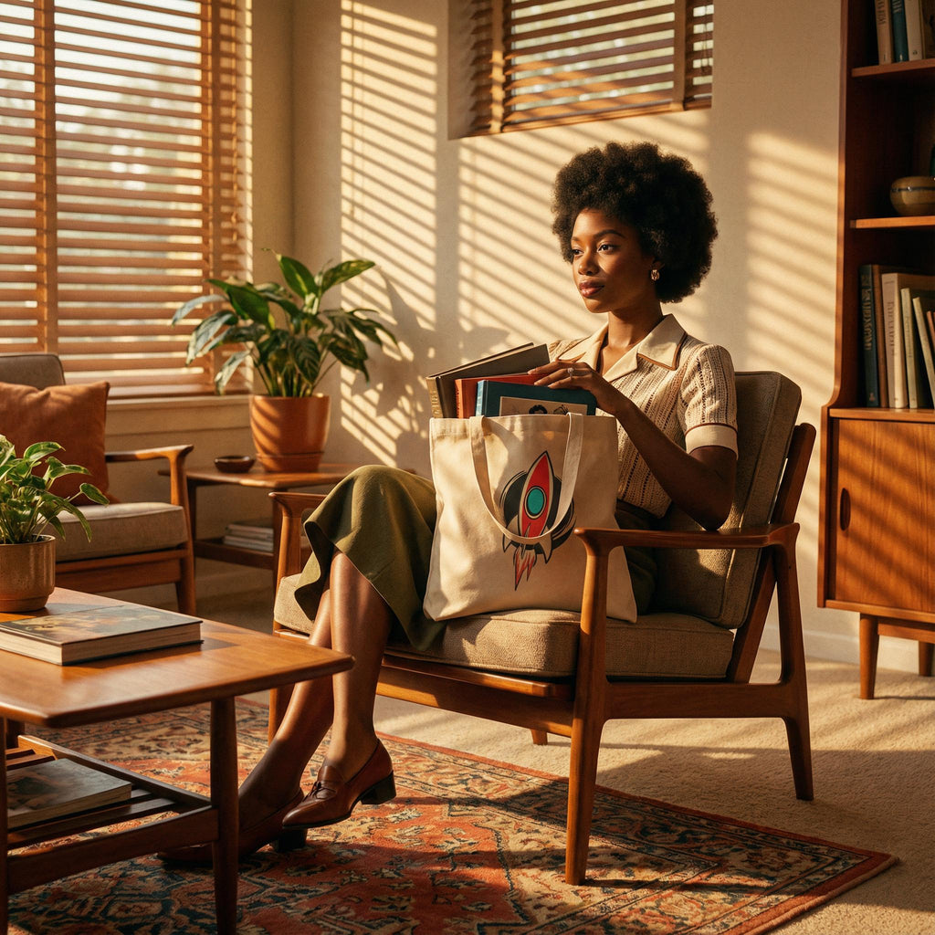 Organic Cotton Sci-Fi Eco Tote Bag, Retro Rocket Space Age Shoulder Bag, Eco-Friendly "Orbital Archive" Graphic Tote