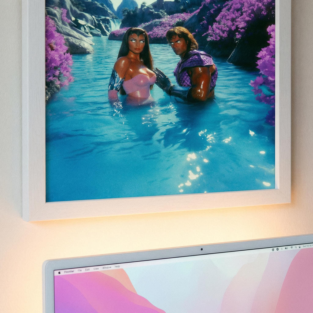 Retro-Futurist Hot Spring Couple Framed Print – Savage Land Alien Oasis