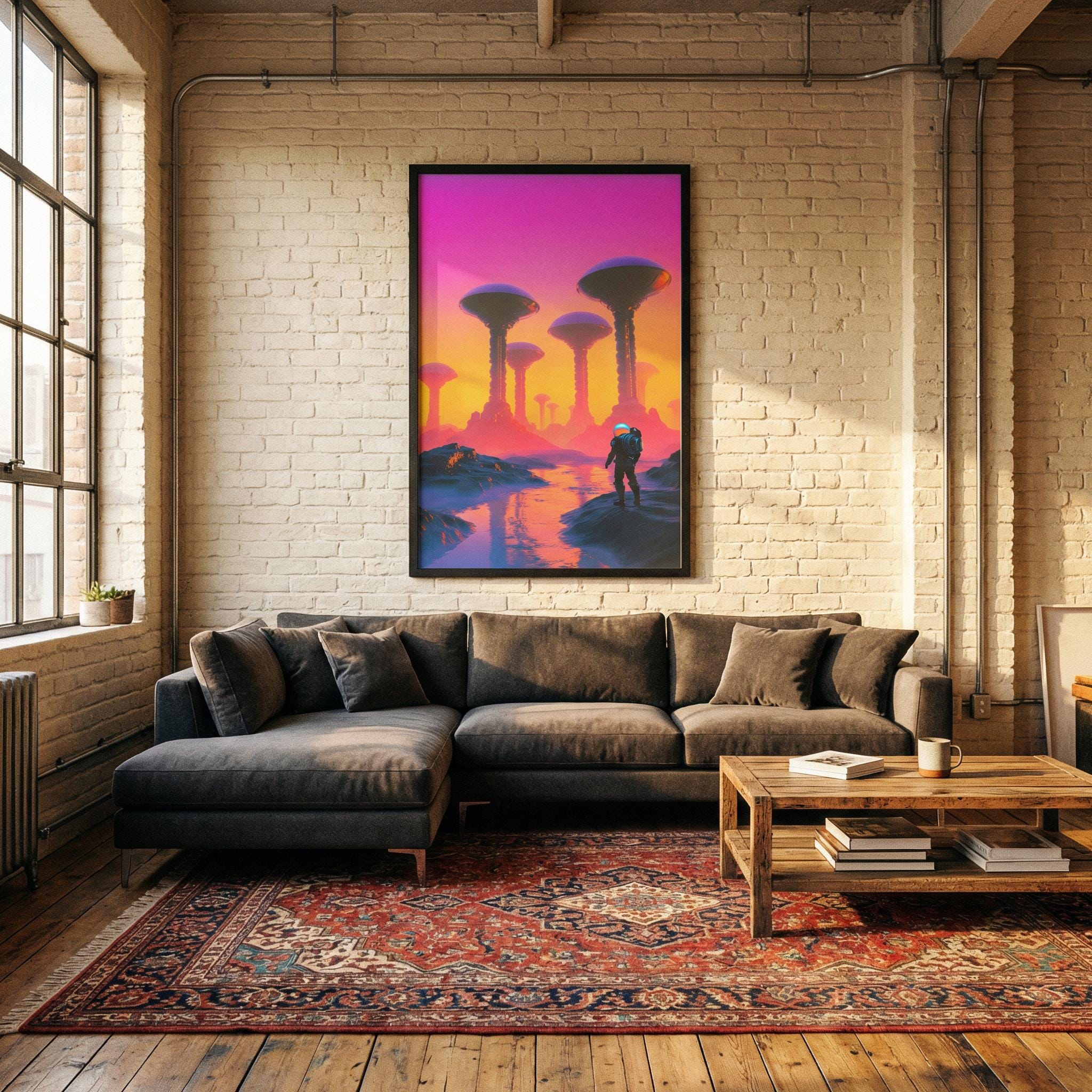 Expedition to the Neon Shores — Retro-Futuristic Pulp Sci-Fi Framed Poster