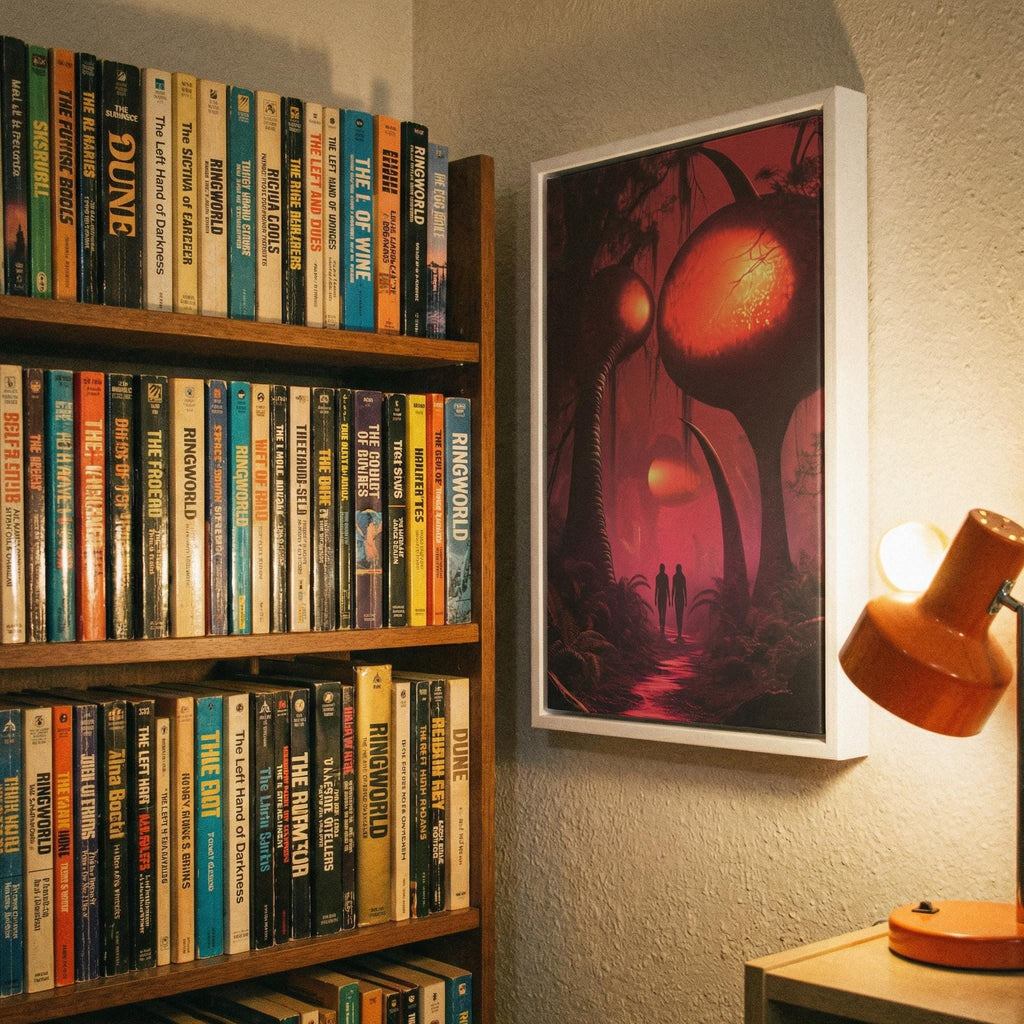 Path Through the Alien Wood Framed Canvas // Surreal Sci-Fi Nature Art // Ethereal Crimson Forest Wall Decor // Orbital Archive Series