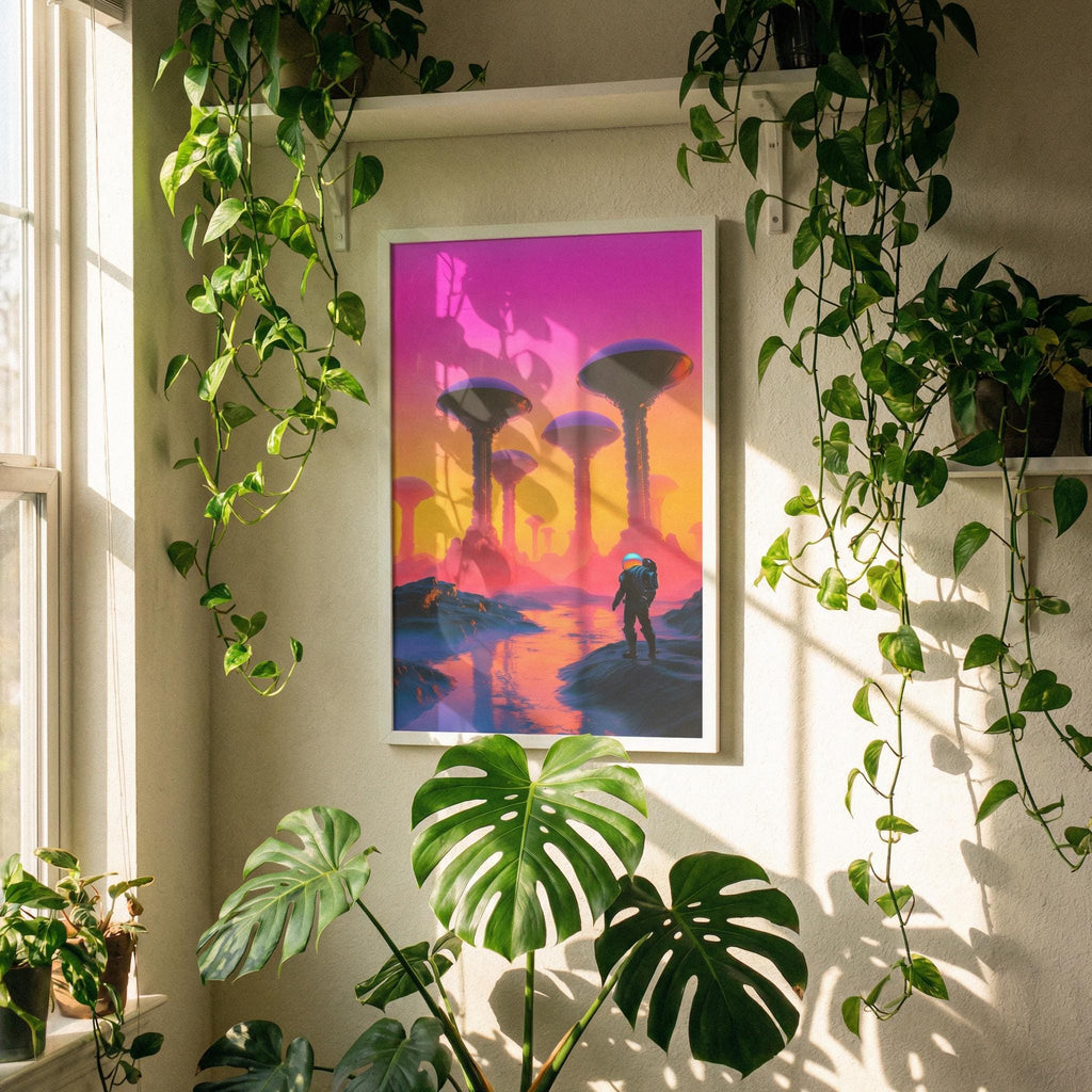 Expedition to the Neon Shores — Retro-Futuristic Pulp Sci-Fi Framed Poster