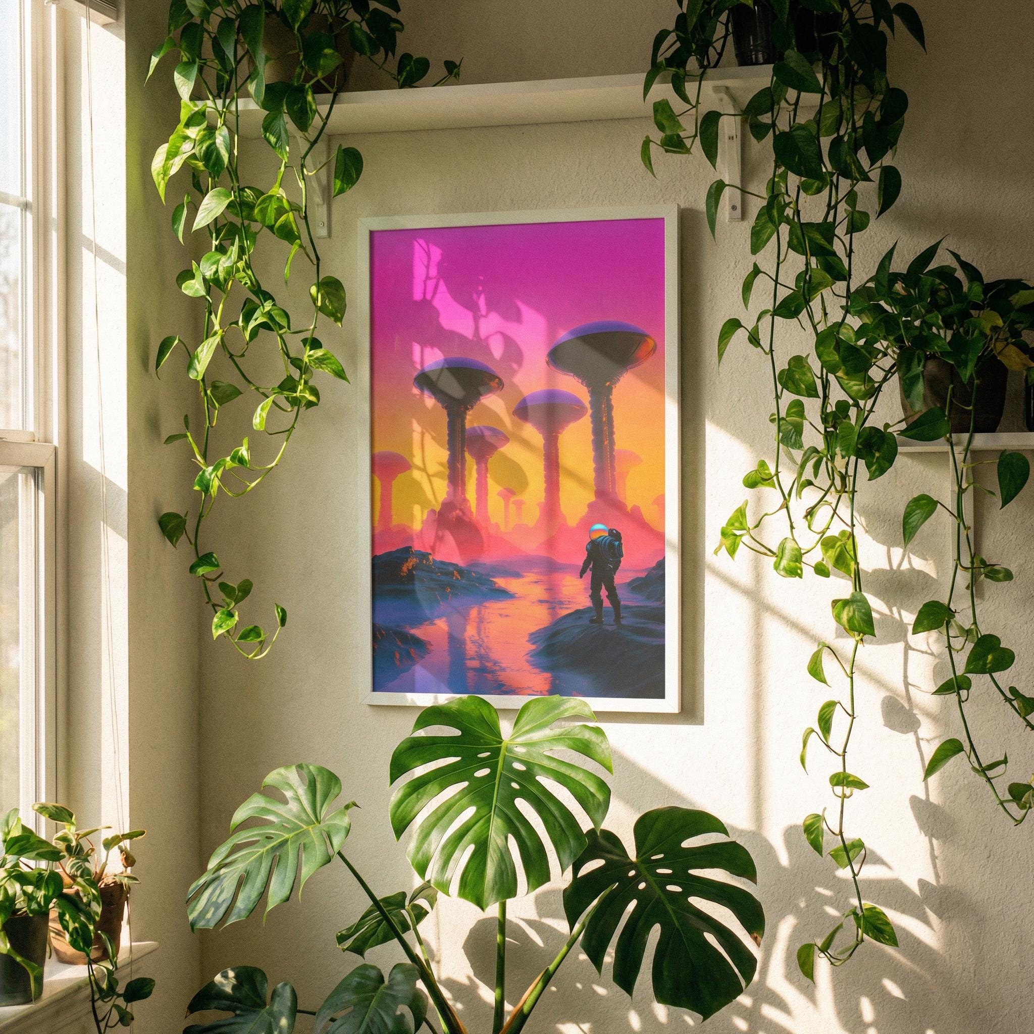 Expedition to the Neon Shores — Retro-Futuristic Pulp Sci-Fi Framed Poster