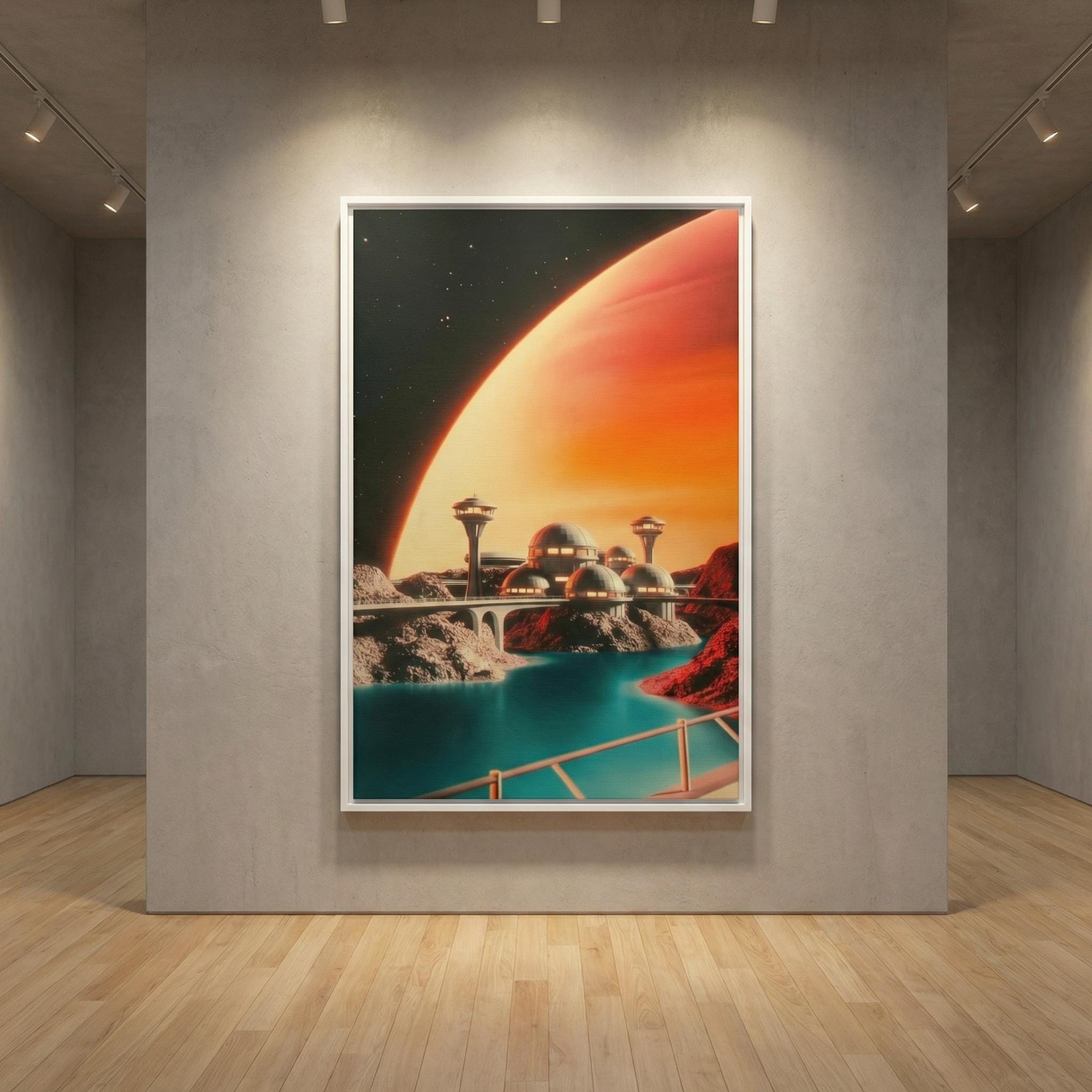 DIGITAL DOWNLOAD: Googie City on the Moon of a Gas Giant - Retro-Futurist Framed Canvas Print | Vintage Sci-Fi Art