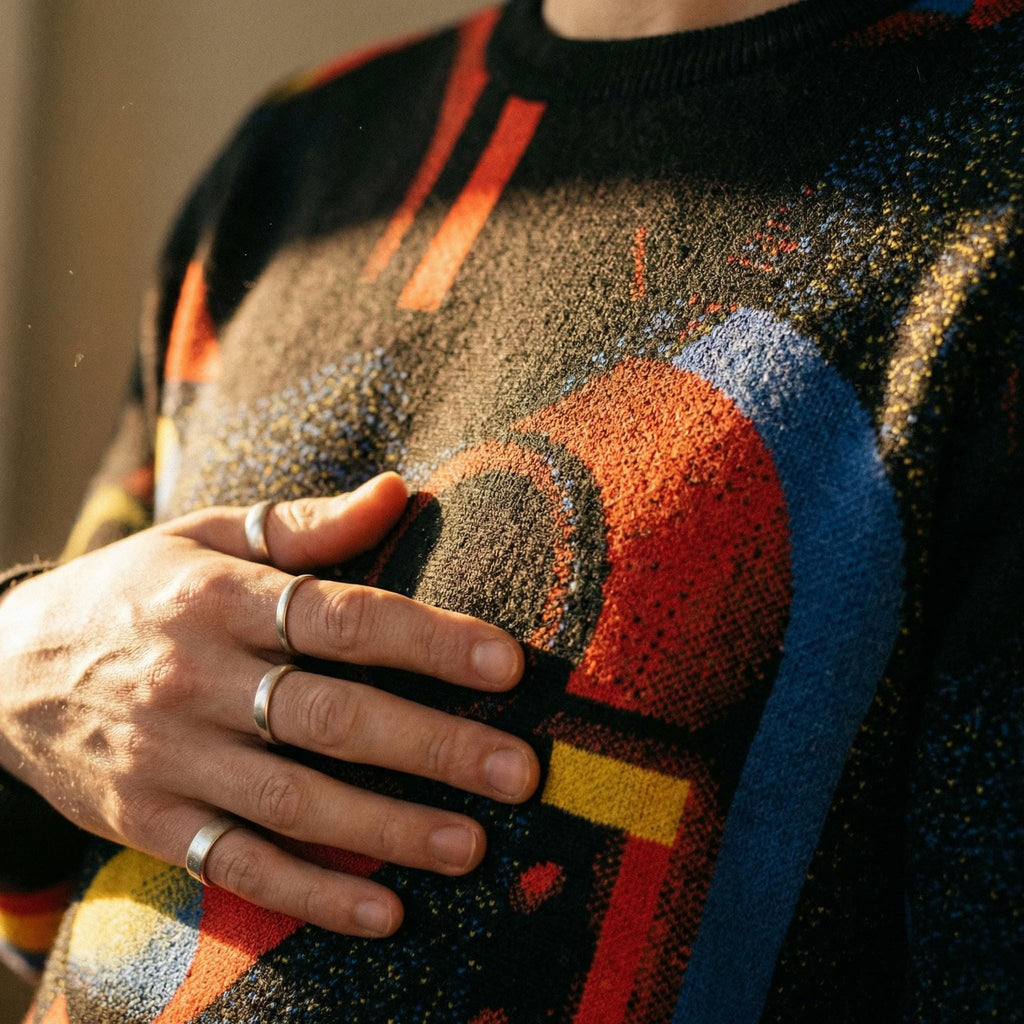 Minoan Abstract Retro-Futurist Jacquard Sweater — Ancient Future Geometric Knit Pullover