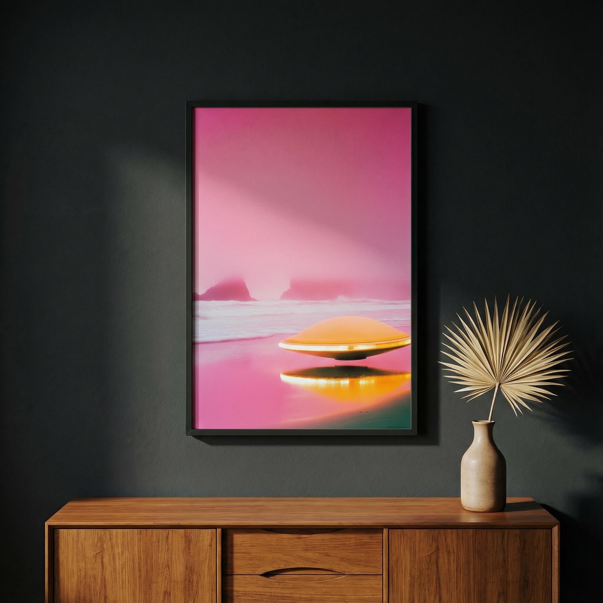 DIGITAL DOWNLOAD: Pink Horizon UFO - Retro 60s Sci-Fi Poster - Surreal Alien Beach Art