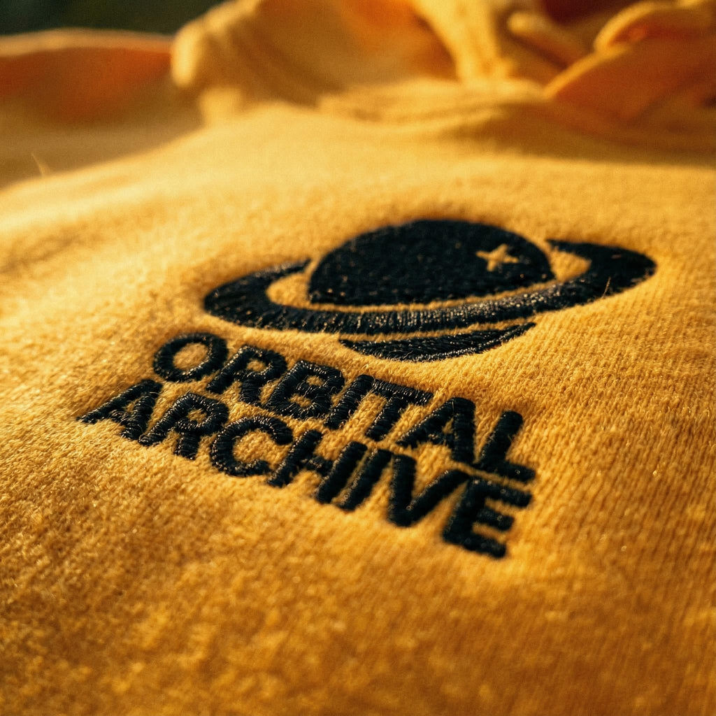 Retro Sci-Fi Astro Hound Hoodie | Golden Yellow Graphic Streetwear | Orbital Archive Heavyweight Hoodie
