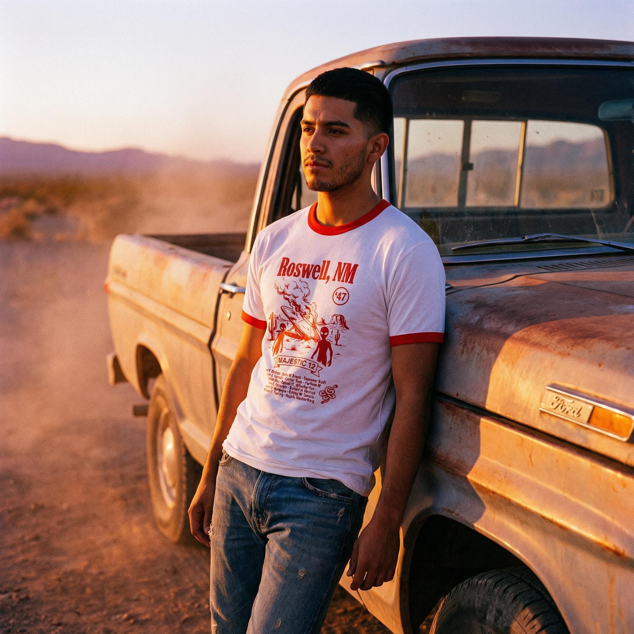 Roswell NM UFO crash ringer tee | Alien saucer graphic tee